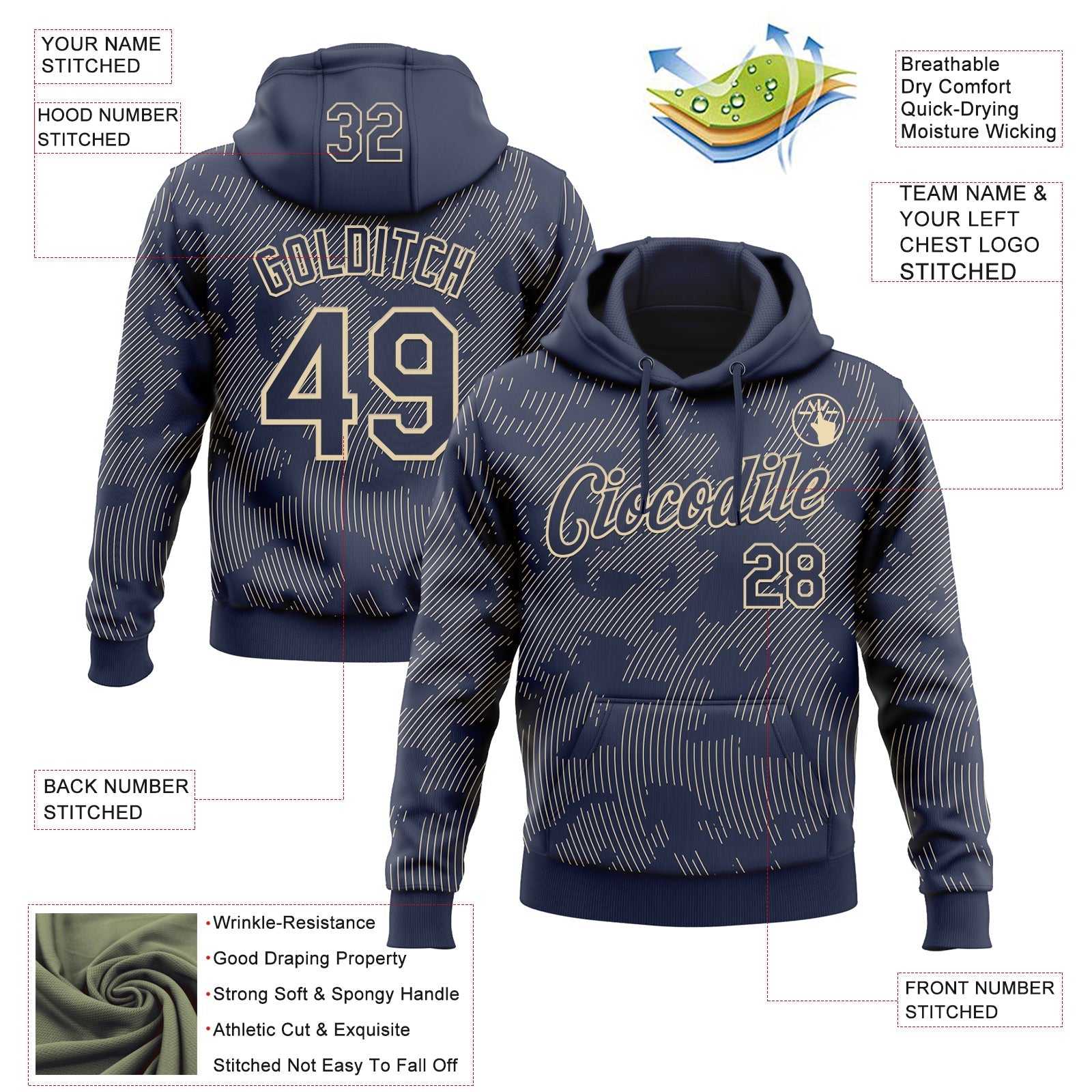 Custom Stitched Navy Cream 3D Pattern Design Curve Lines Sports Pullover Sweatshirt Hoodie