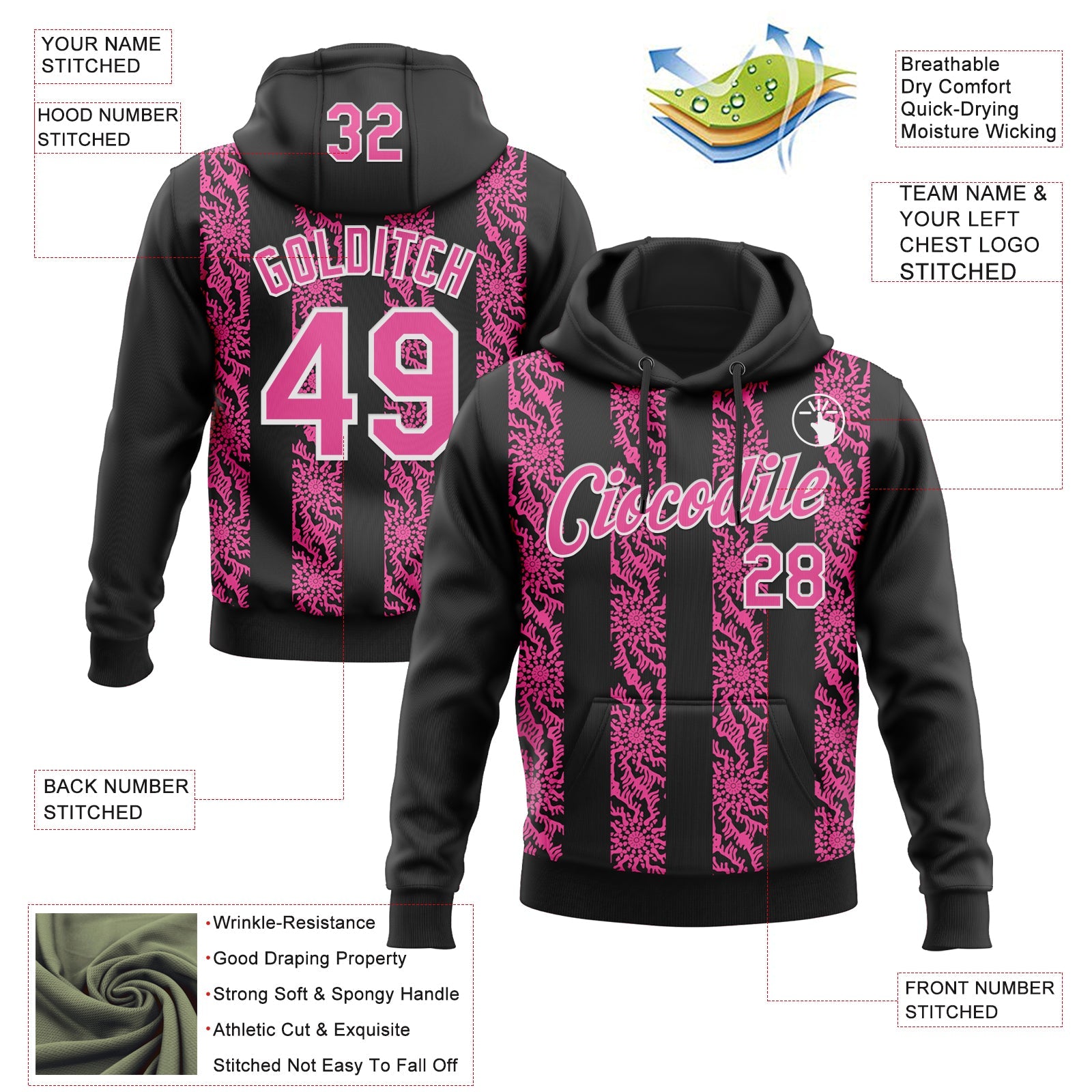 Custom Stitched Black Pink-White 3D Pattern Design Abstract Shape Sports Pullover Sweatshirt Hoodie