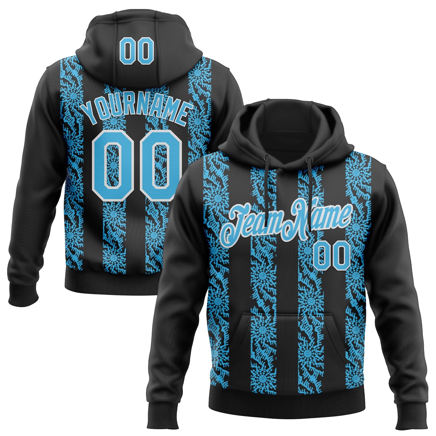 Custom Stitched Black Sky Blue-White 3D Pattern Design Abstract Shape Sports Pullover Sweatshirt Hoodie