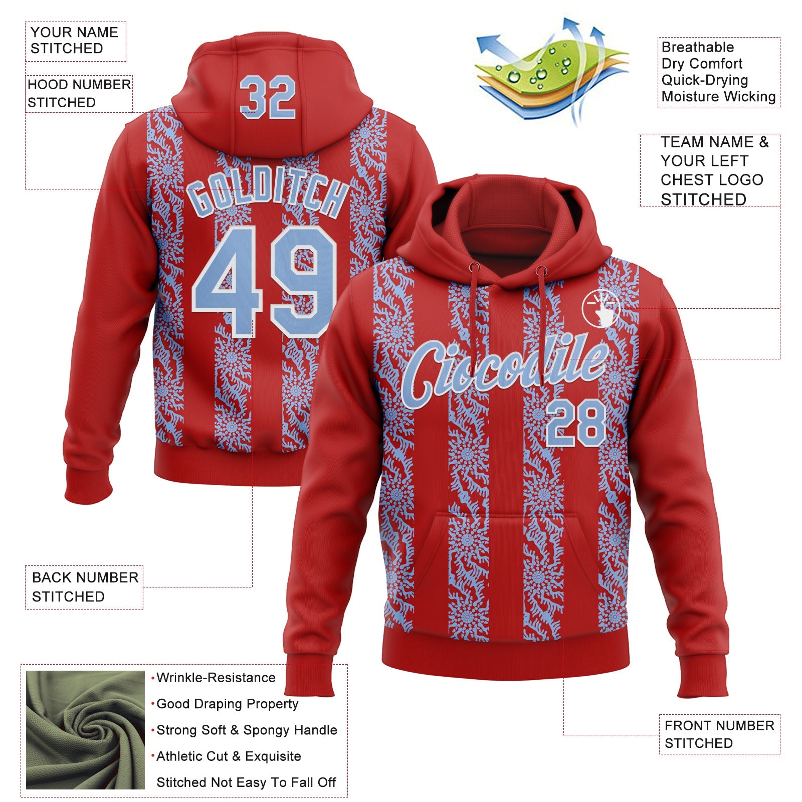 Custom Stitched Red Light Blue-White 3D Pattern Design Abstract Shape Sports Pullover Sweatshirt Hoodie