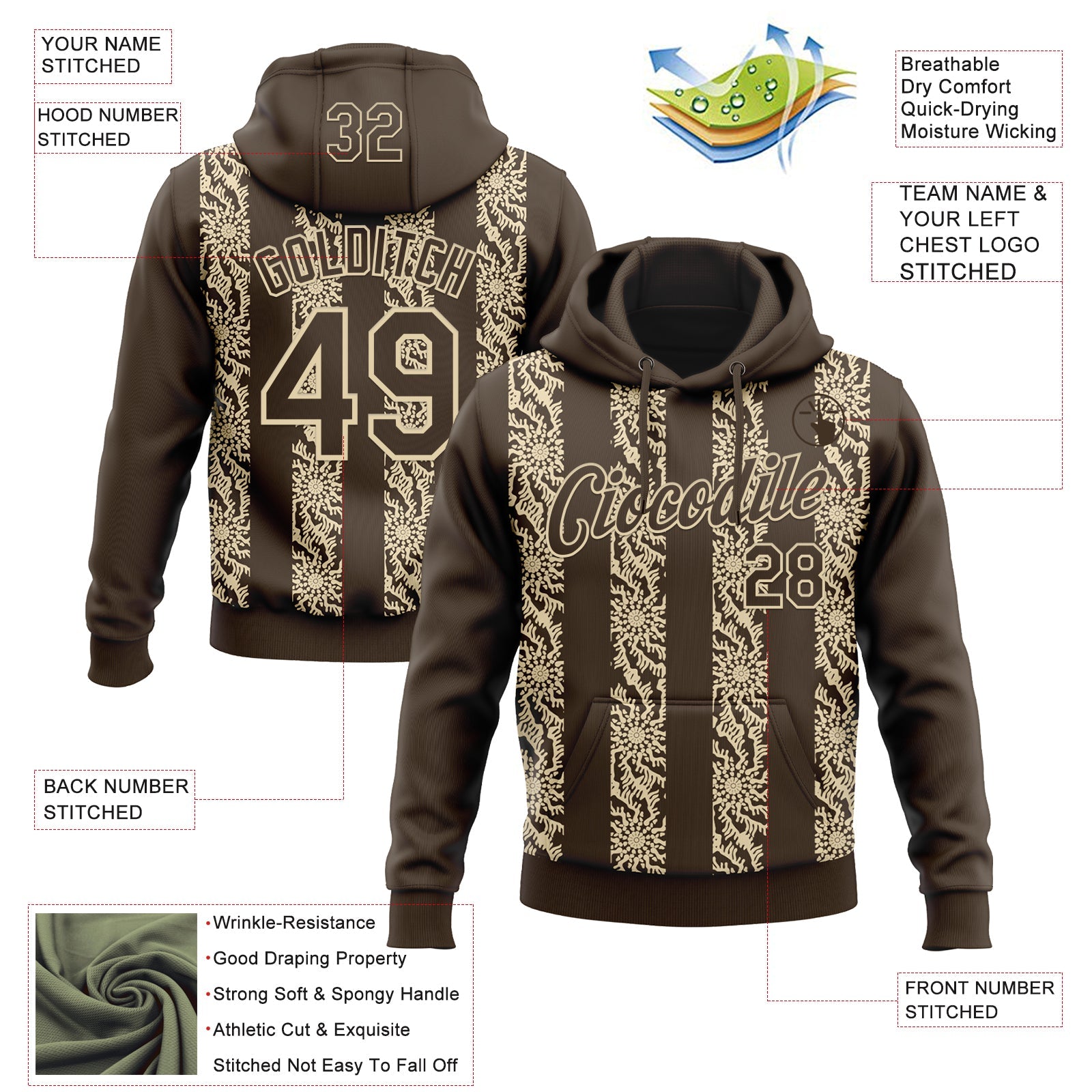 Custom Stitched Brown Cream 3D Pattern Design Abstract Shape Sports Pullover Sweatshirt Hoodie
