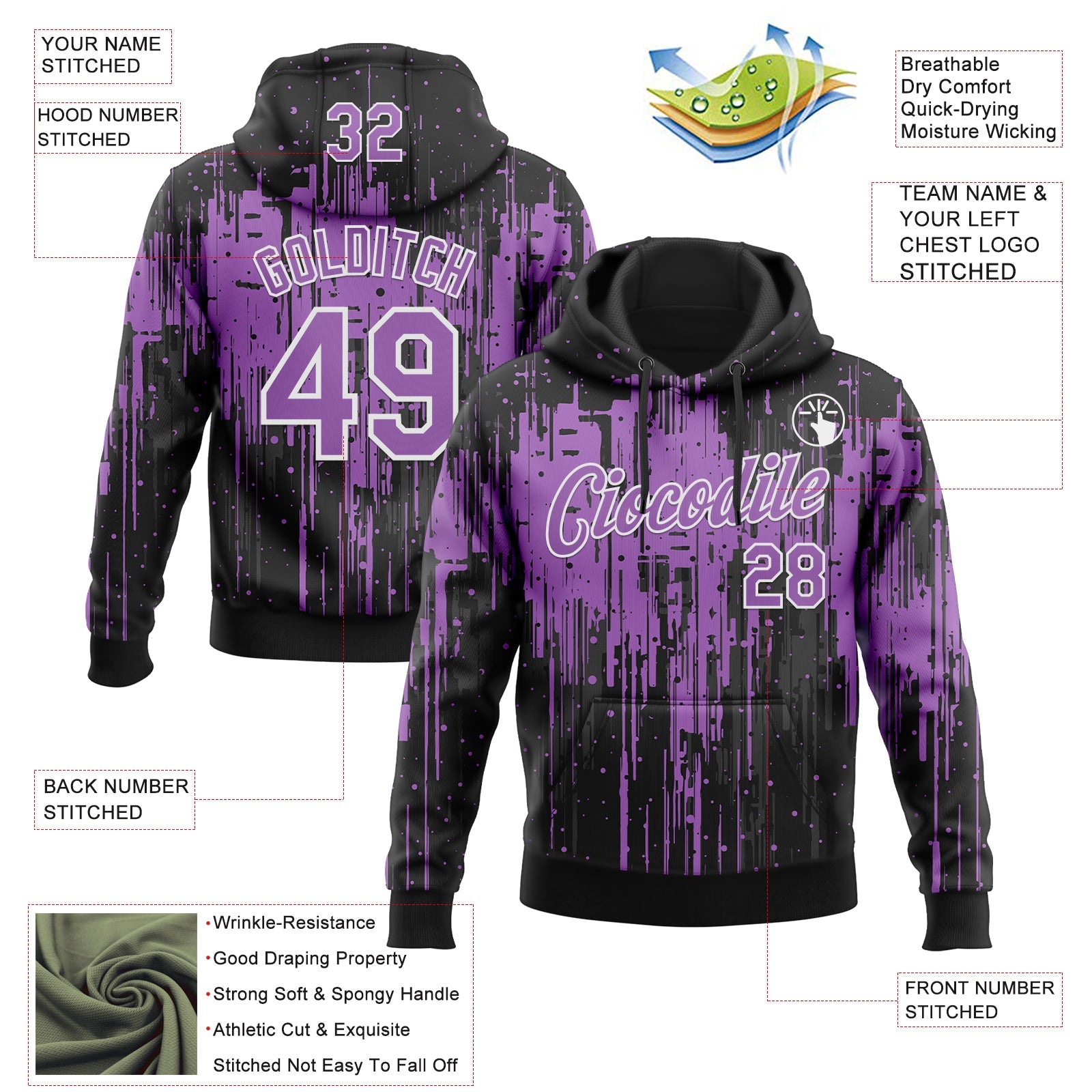 Custom Stitched Black Medium Purple-White 3D Pattern Design Dripping Splatter Sports Pullover Sweatshirt Hoodie