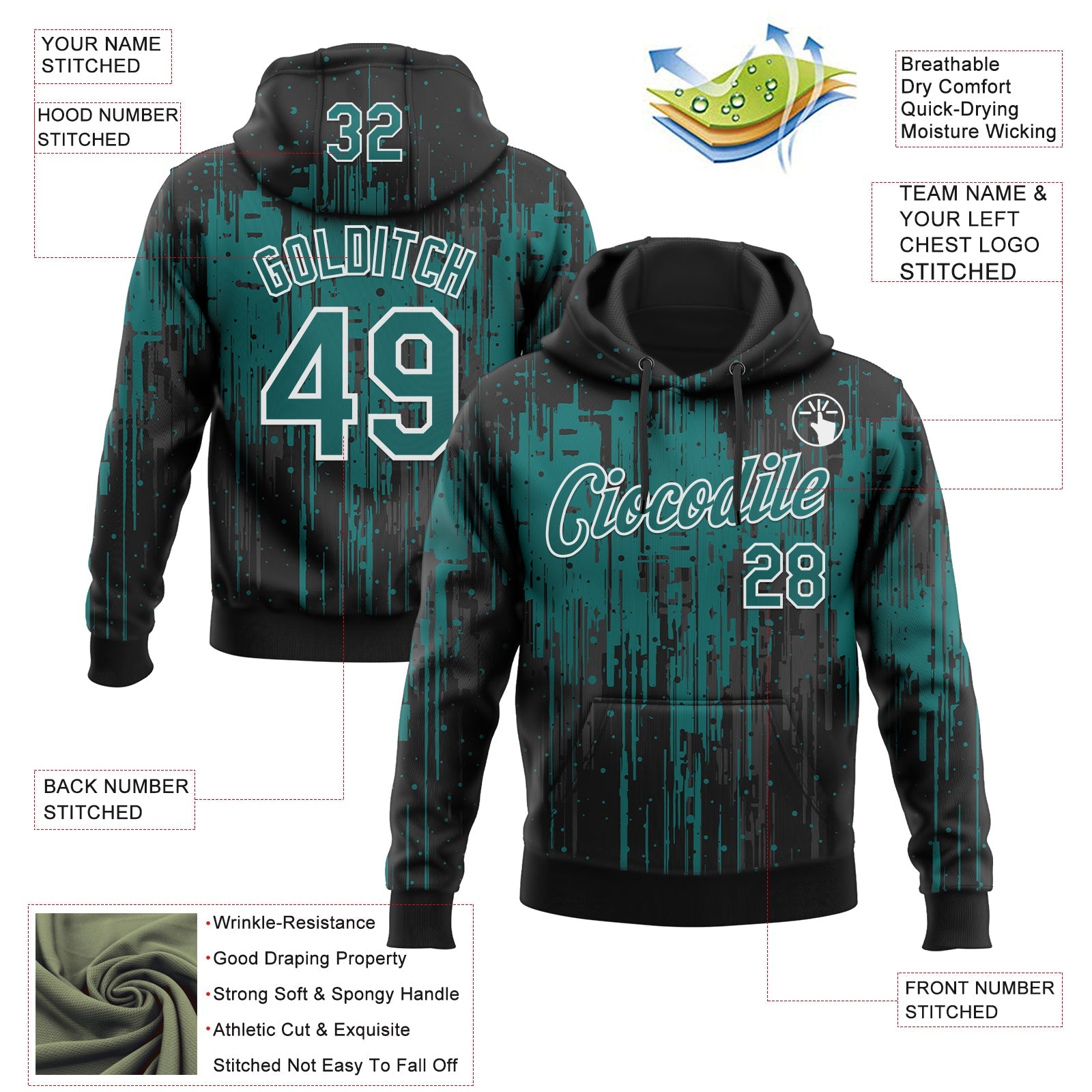 Custom Stitched Black Teal-White 3D Pattern Design Dripping Splatter Sports Pullover Sweatshirt Hoodie