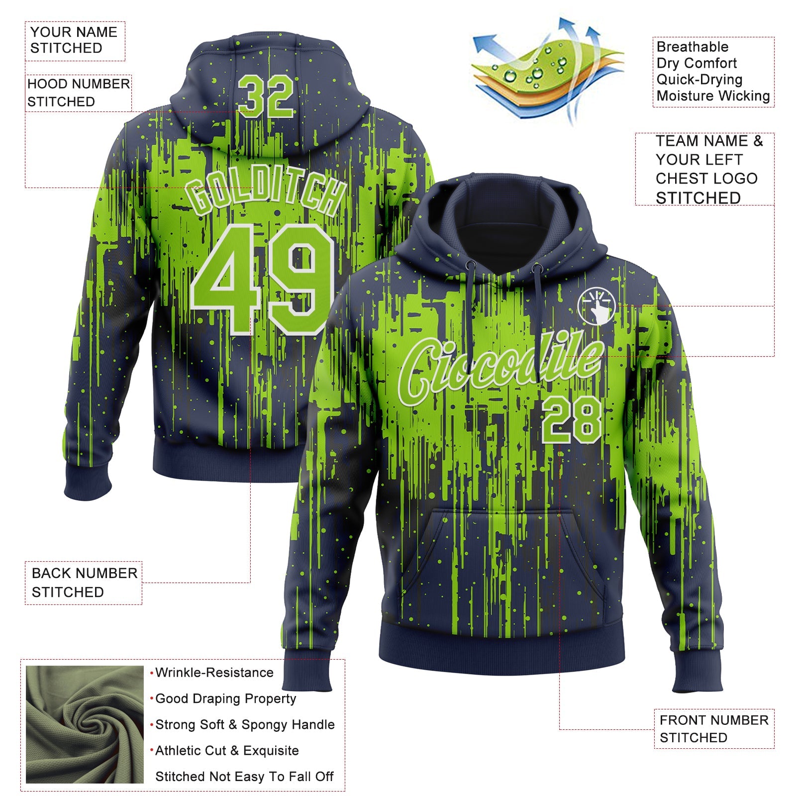 Custom Stitched Navy Neon Green-White 3D Pattern Design Dripping Splatter Sports Pullover Sweatshirt Hoodie