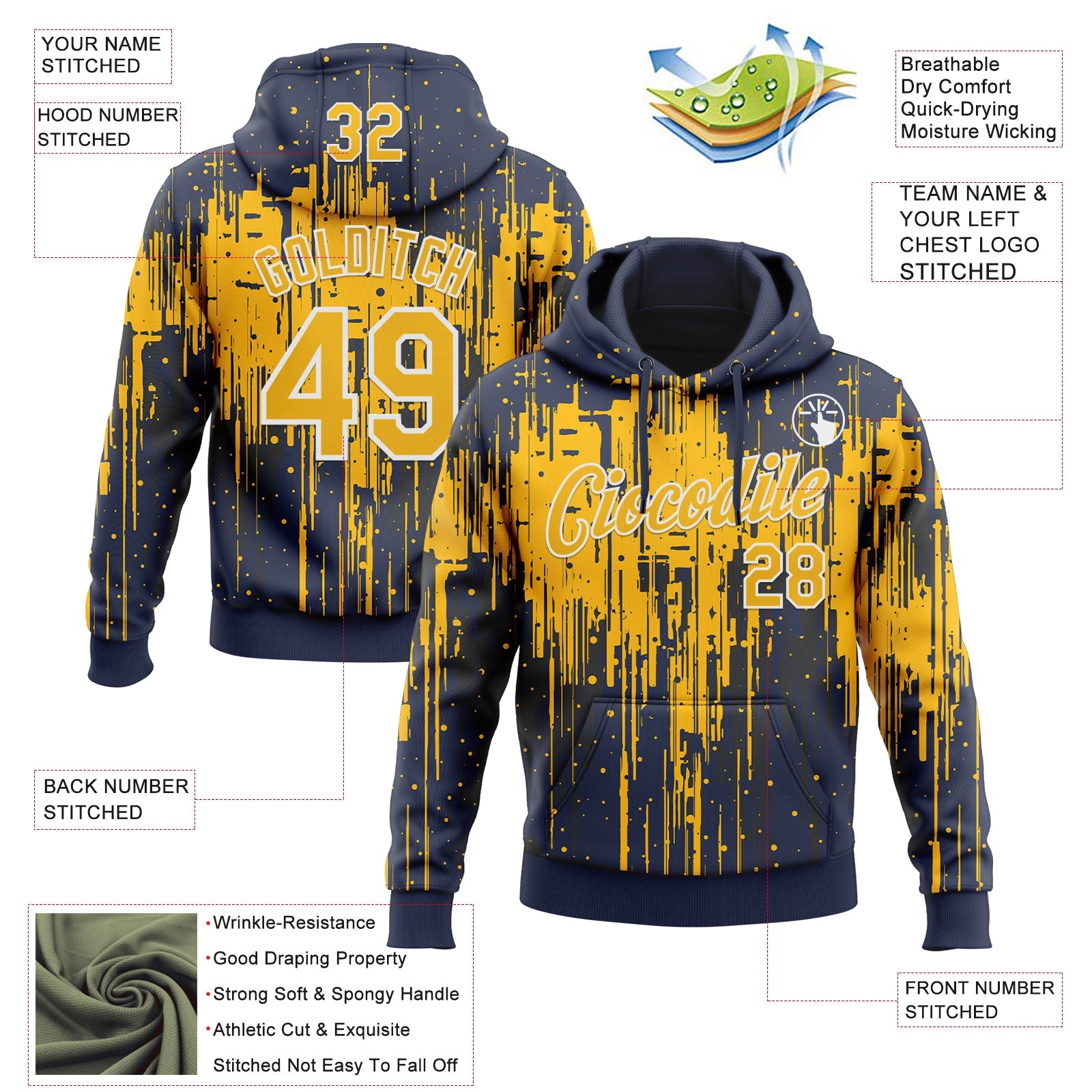 Custom Stitched Navy Gold-White 3D Pattern Design Dripping Splatter Sports Pullover Sweatshirt Hoodie