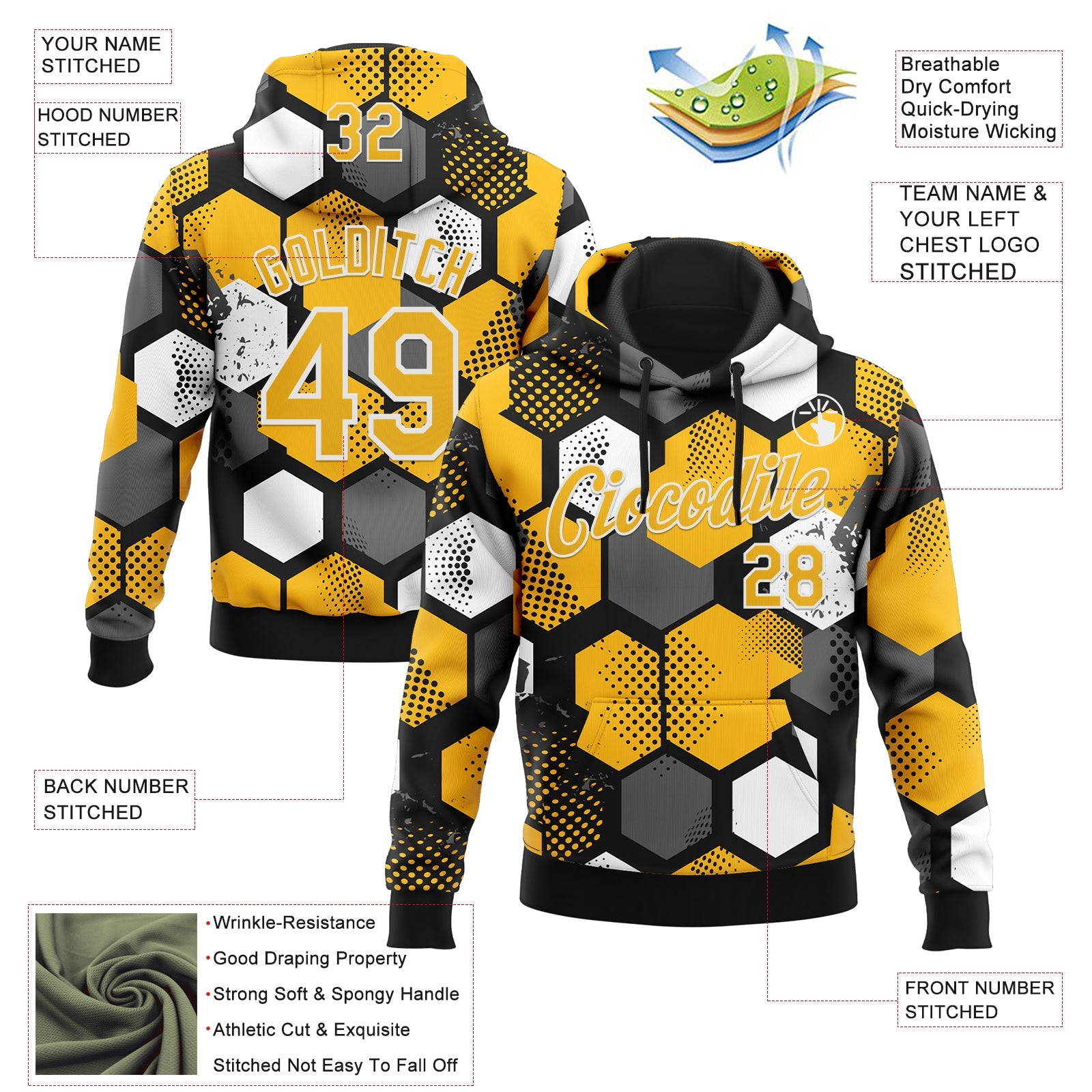 Custom Stitched Black Gold-White 3D Pattern Design Geometric Shape Sports Pullover Sweatshirt Hoodie