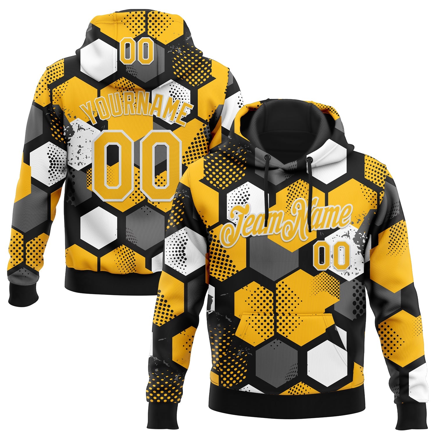 Custom Stitched Black Gold-White 3D Pattern Design Geometric Shape Sports Pullover Sweatshirt Hoodie
