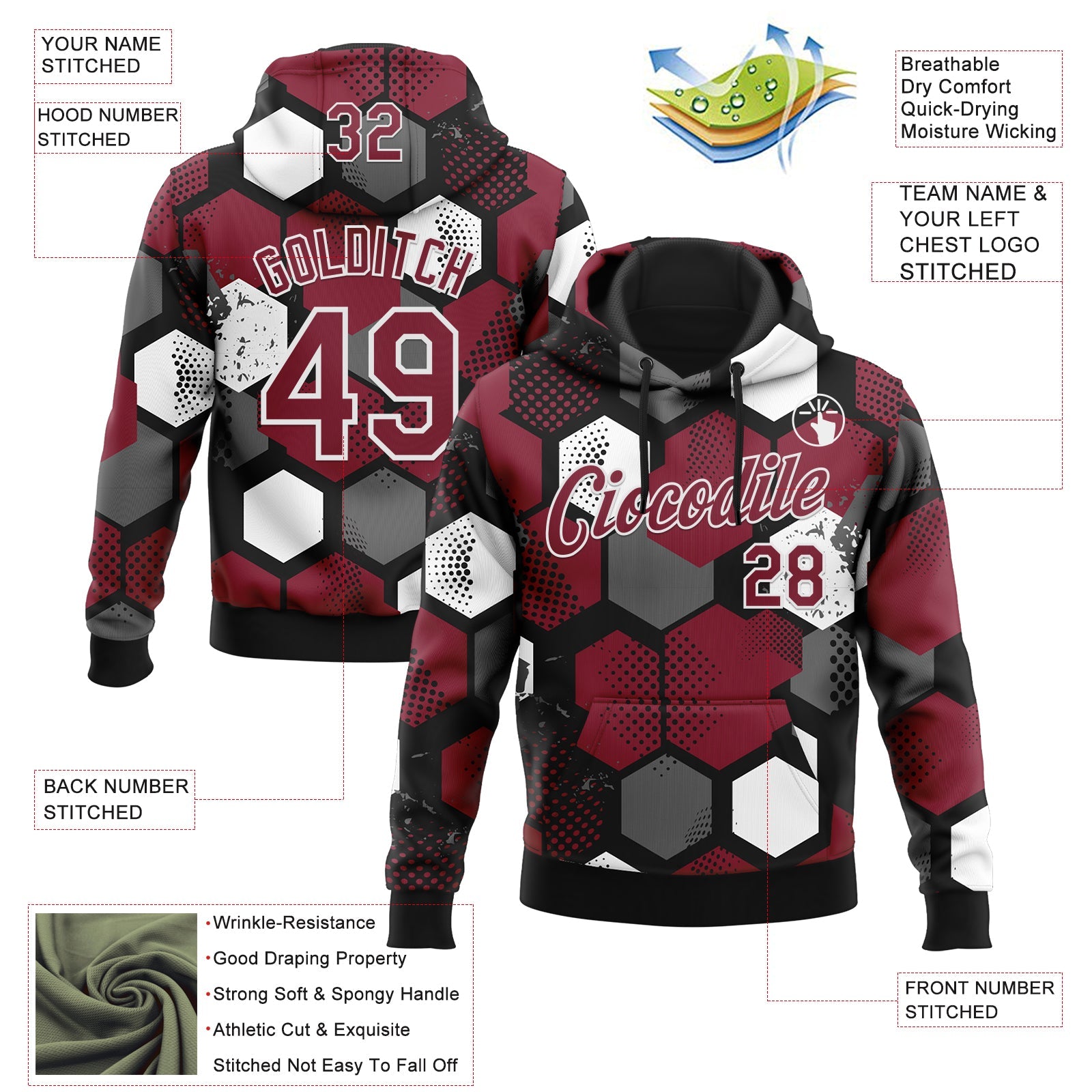 Custom Stitched Black Crimson-White 3D Pattern Design Geometric Shape Sports Pullover Sweatshirt Hoodie