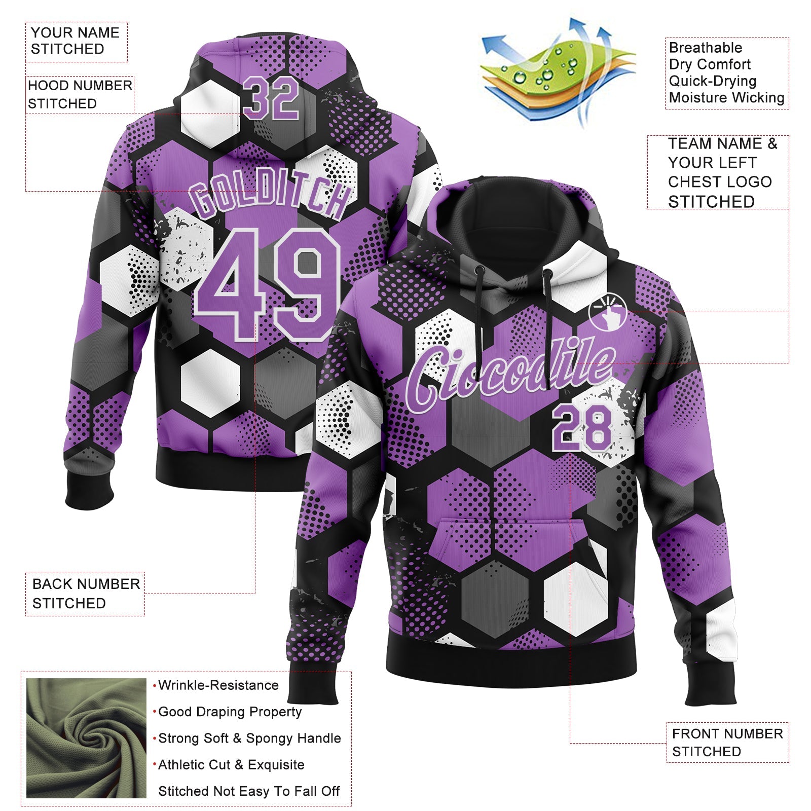 Custom Stitched Black Medium Purple-White 3D Pattern Design Geometric Shape Sports Pullover Sweatshirt Hoodie