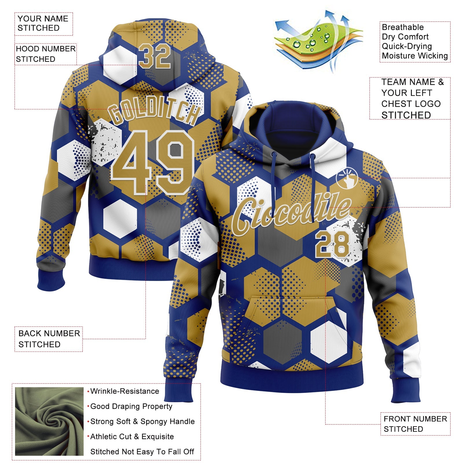 Custom Stitched Royal Old Gold-White 3D Pattern Design Geometric Shape Sports Pullover Sweatshirt Hoodie