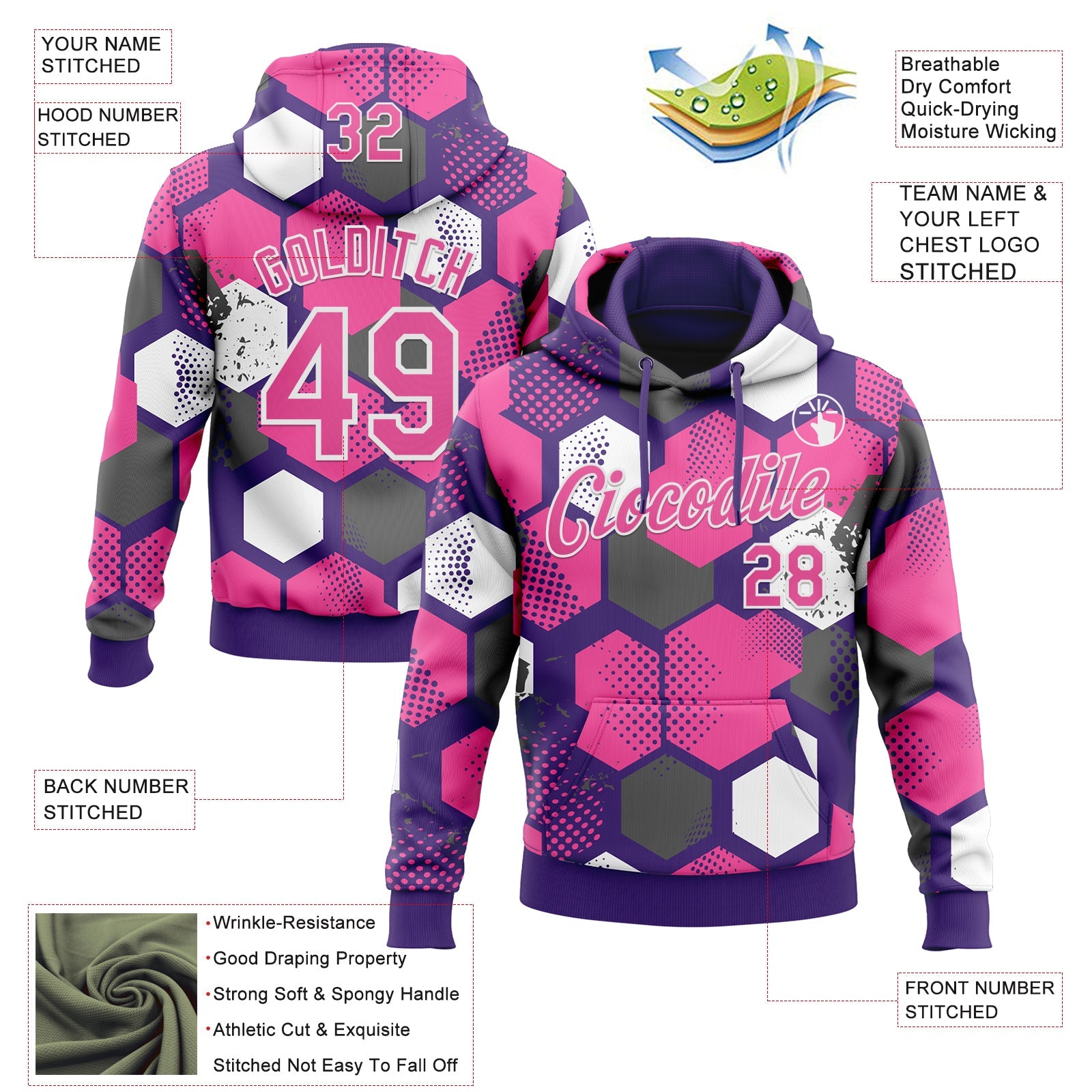 Custom Stitched Purple Pink-White 3D Pattern Design Geometric Shape Sports Pullover Sweatshirt Hoodie