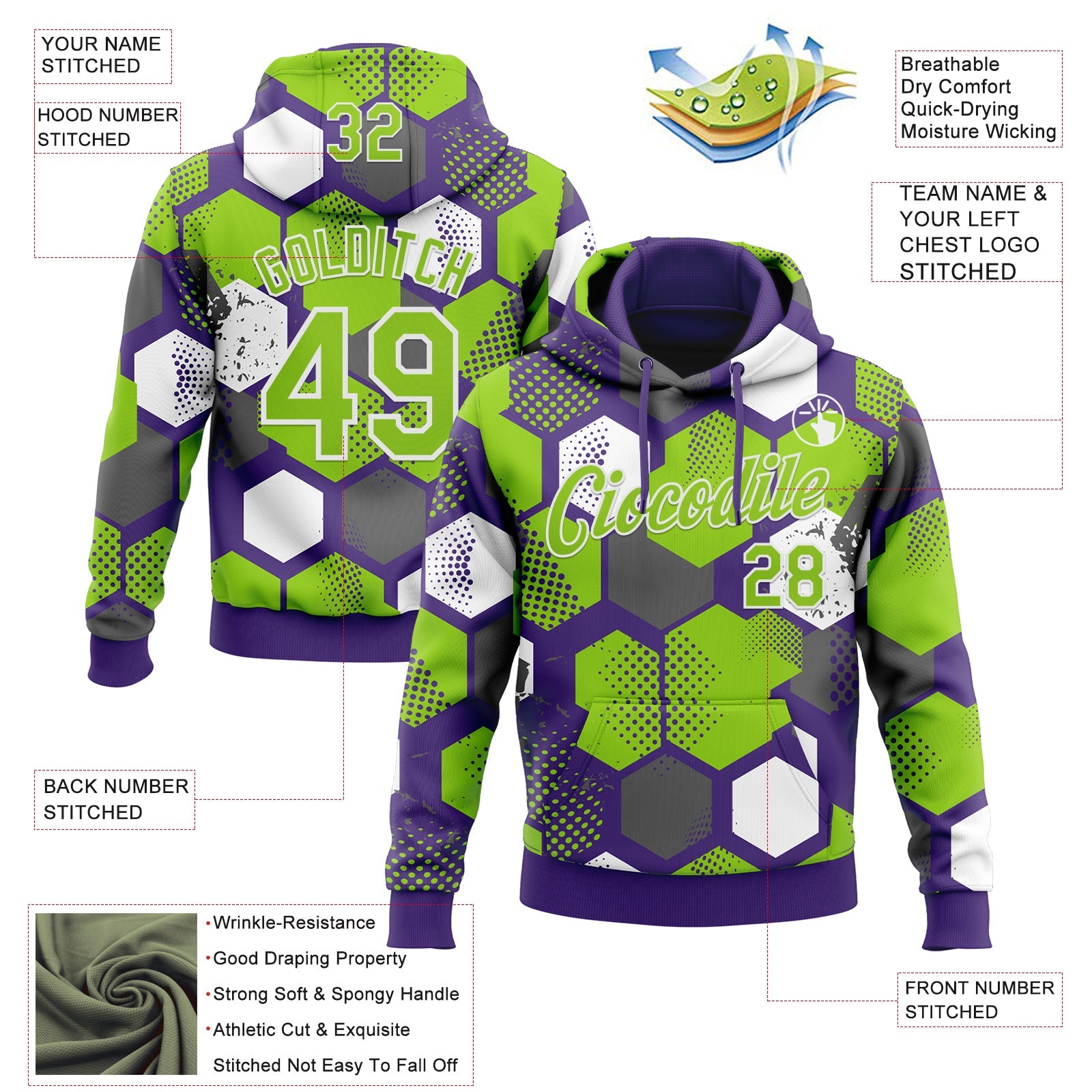 Custom Stitched Purple Neon Green-White 3D Pattern Design Geometric Shape Sports Pullover Sweatshirt Hoodie