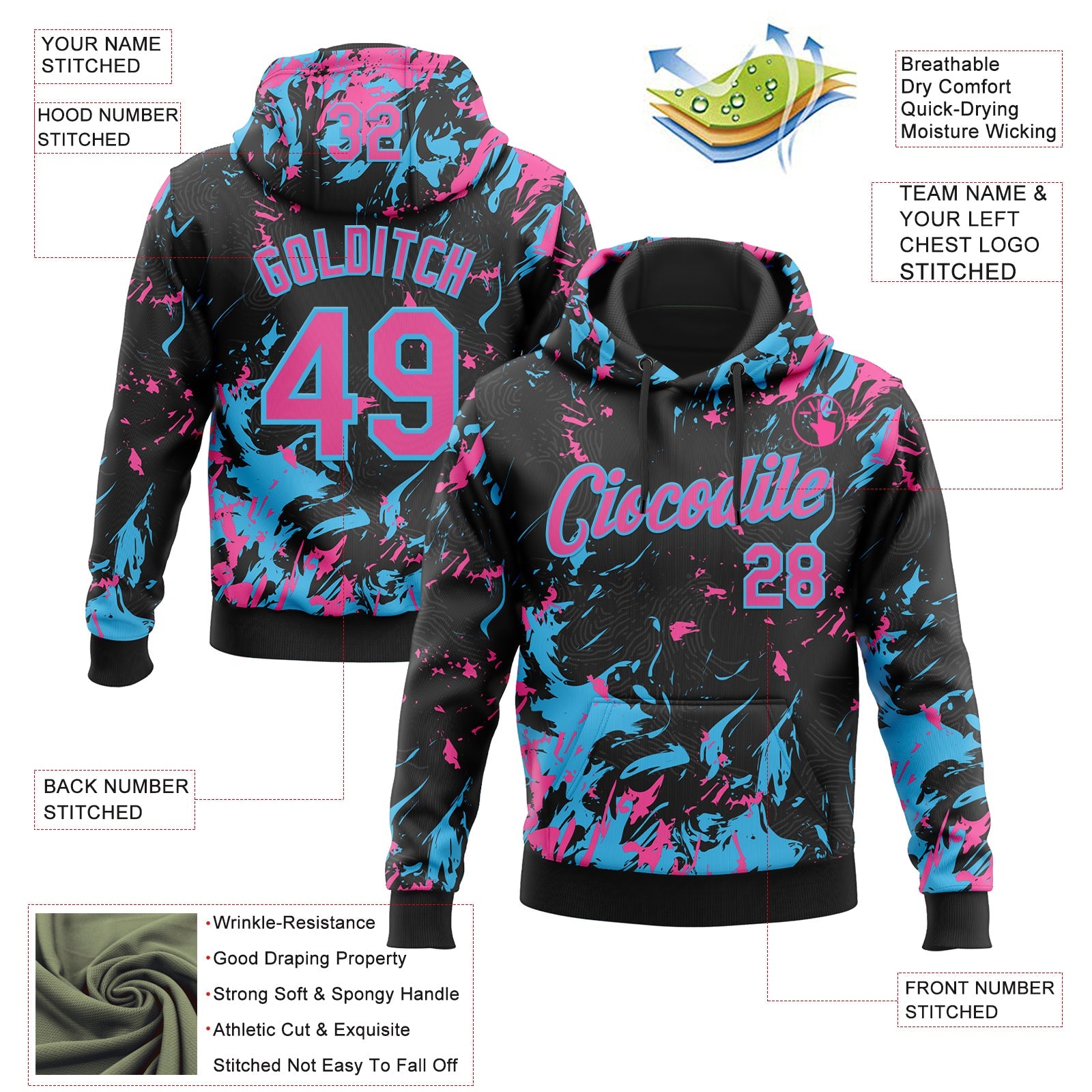 Custom Stitched Black Pink-Sky Blue 3D Pattern Design Splash Sports Pullover Sweatshirt Hoodie
