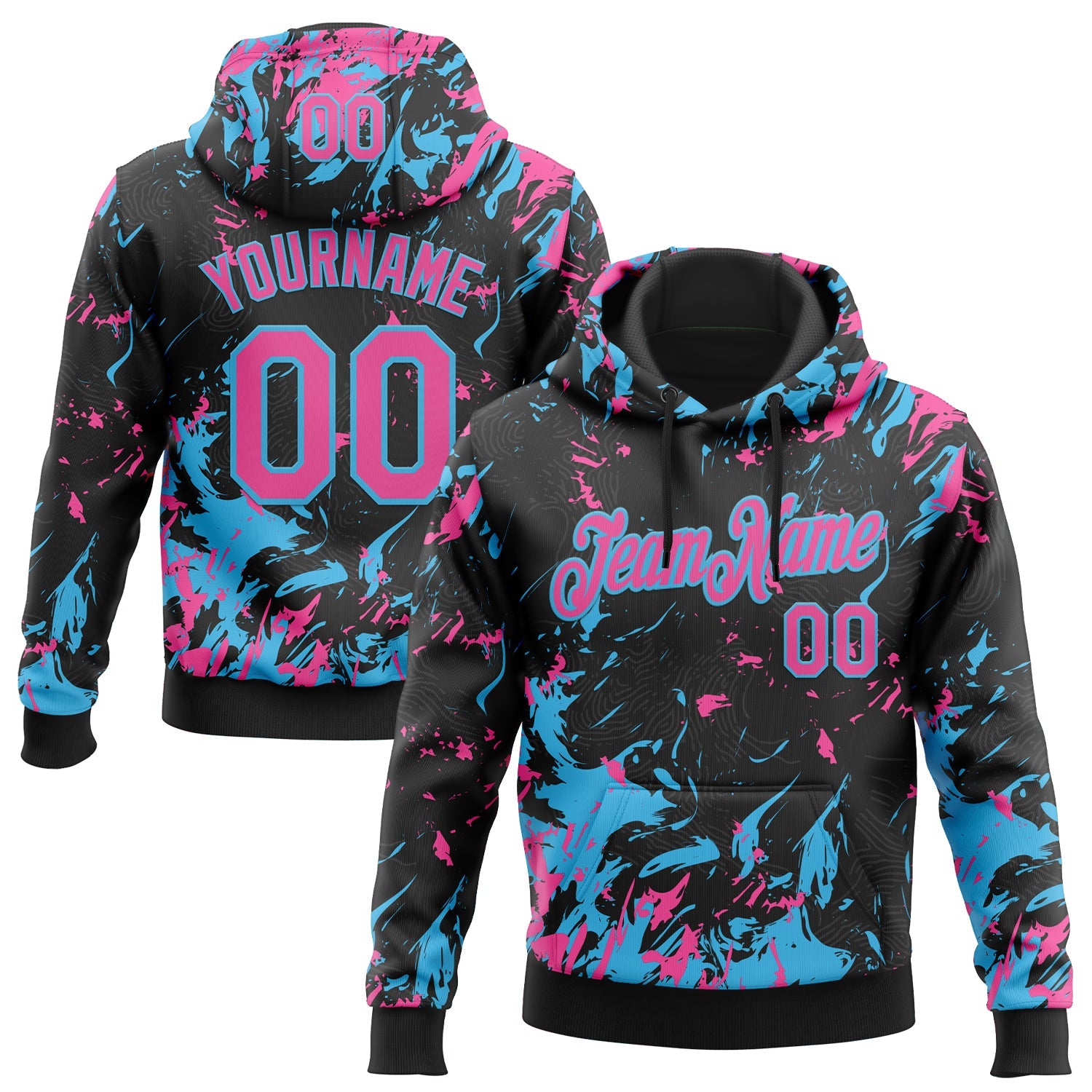 Custom Stitched Black Pink-Sky Blue 3D Pattern Design Splash Sports Pullover Sweatshirt Hoodie