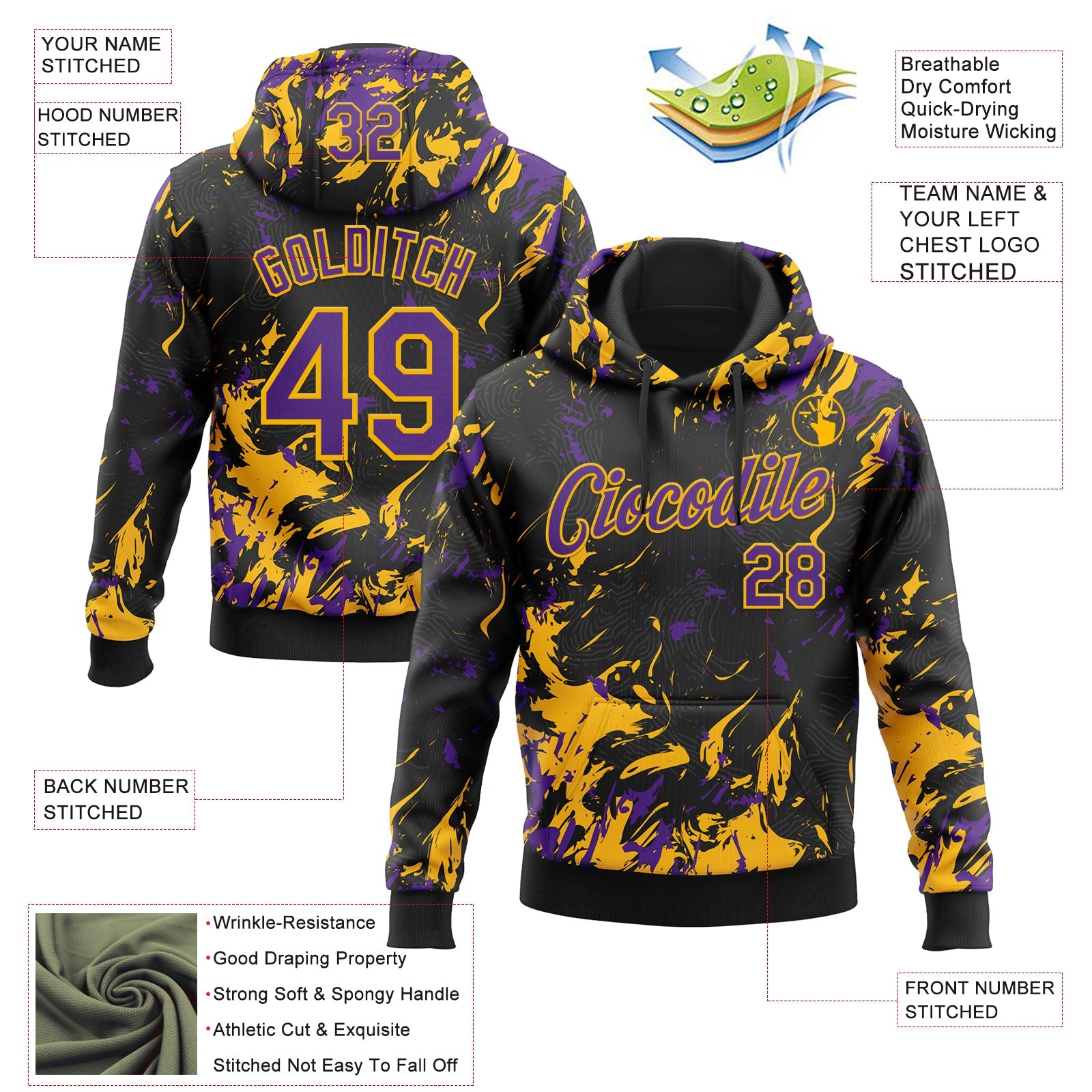 Custom Stitched Black Purple-Gold 3D Pattern Design Splash Sports Pullover Sweatshirt Hoodie