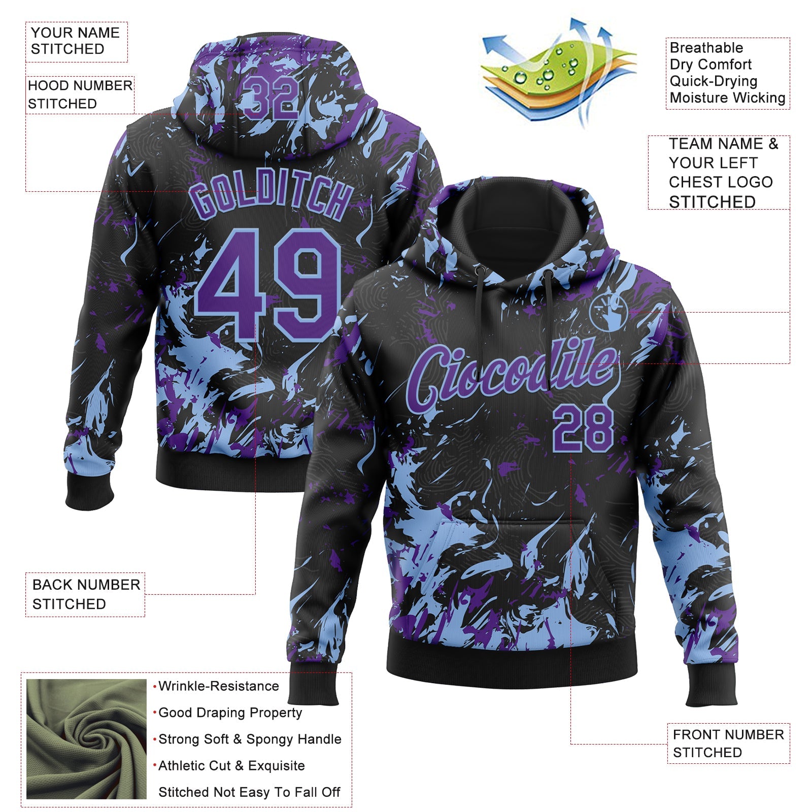 Custom Stitched Black Purple-Light Blue 3D Pattern Design Splash Sports Pullover Sweatshirt Hoodie