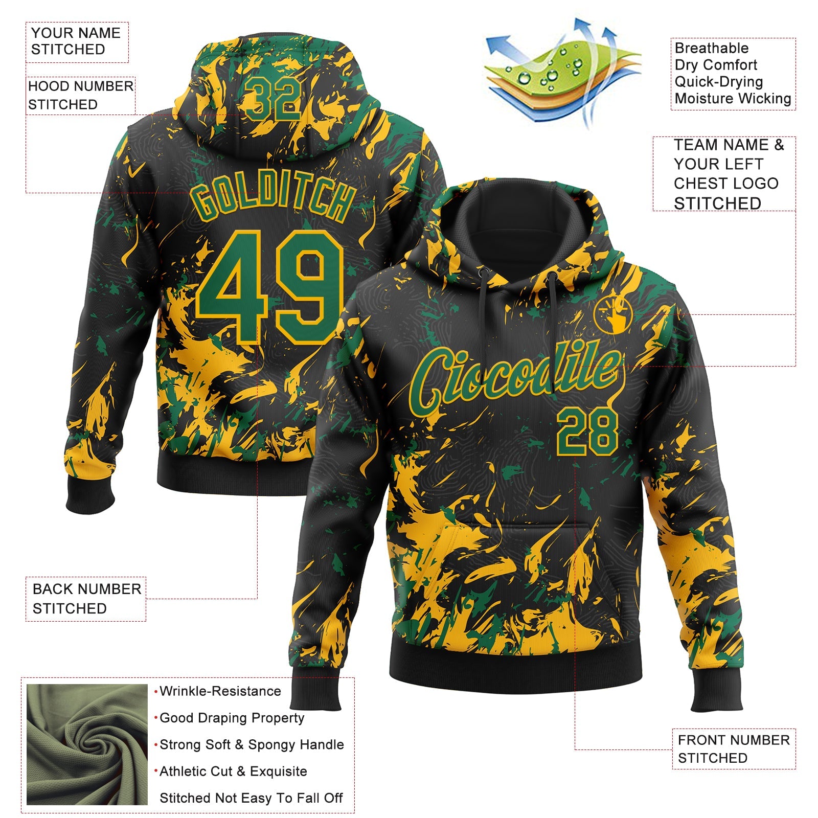 Custom Stitched Black Kelly Green-Gold 3D Pattern Design Splash Sports Pullover Sweatshirt Hoodie