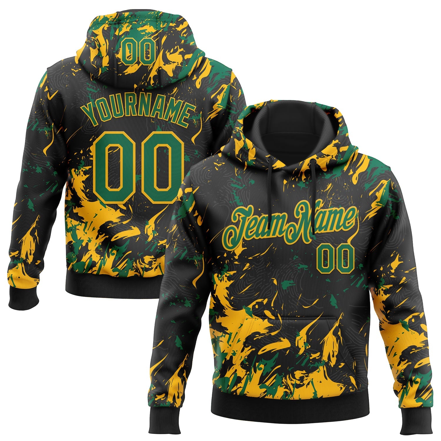 Custom Stitched Black Kelly Green-Gold 3D Pattern Design Splash Sports Pullover Sweatshirt Hoodie