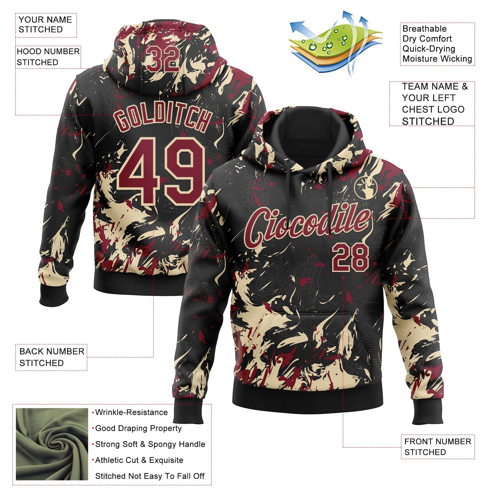 Custom Stitched Black Crimson-Cream 3D Pattern Design Splash Sports Pullover Sweatshirt Hoodie