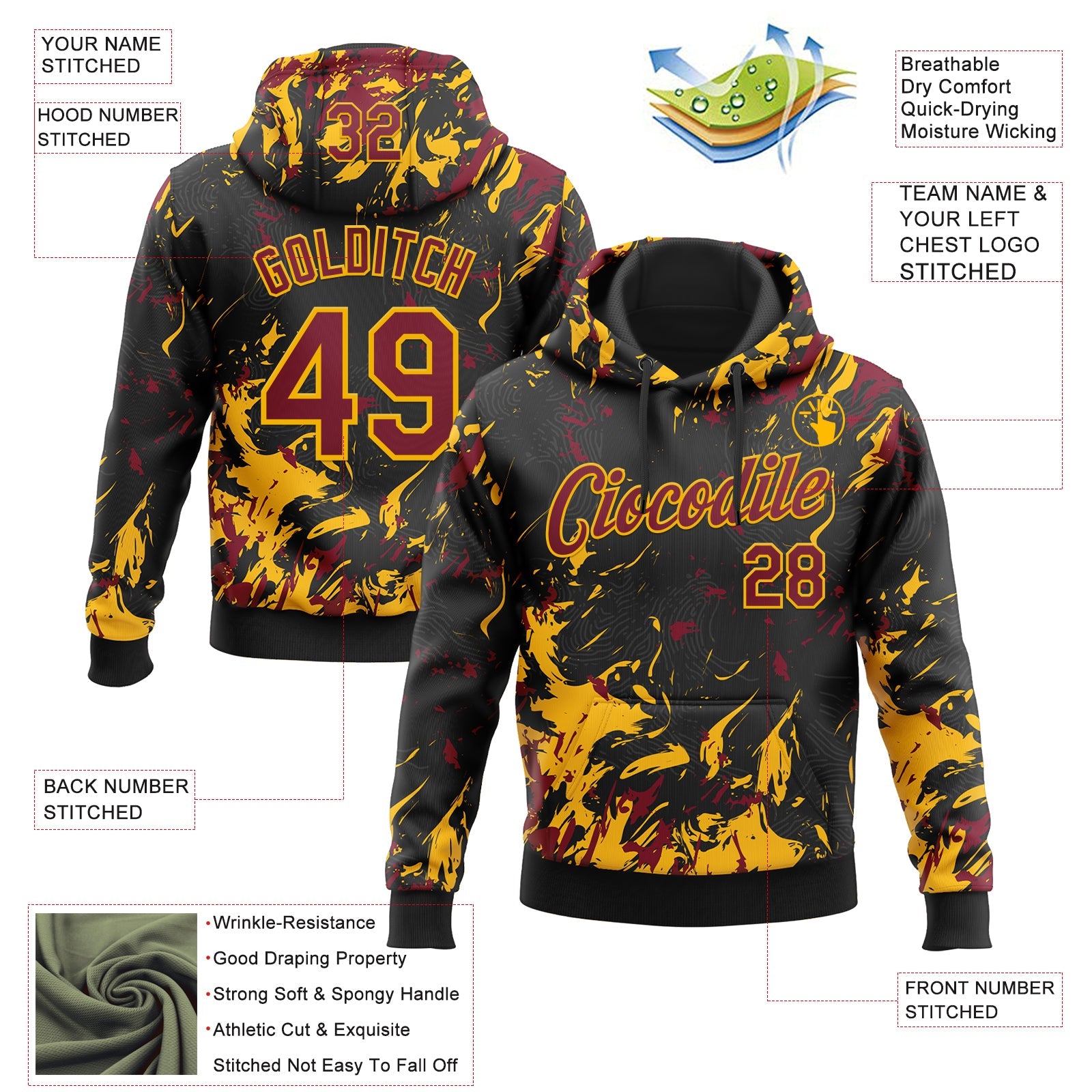 Custom Stitched Black Crimson-Gold 3D Pattern Design Splash Sports Pullover Sweatshirt Hoodie