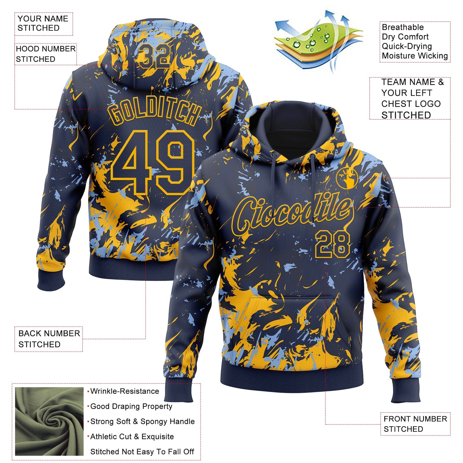 Custom Stitched Navy Gold-Light Blue 3D Pattern Design Splash Sports Pullover Sweatshirt Hoodie