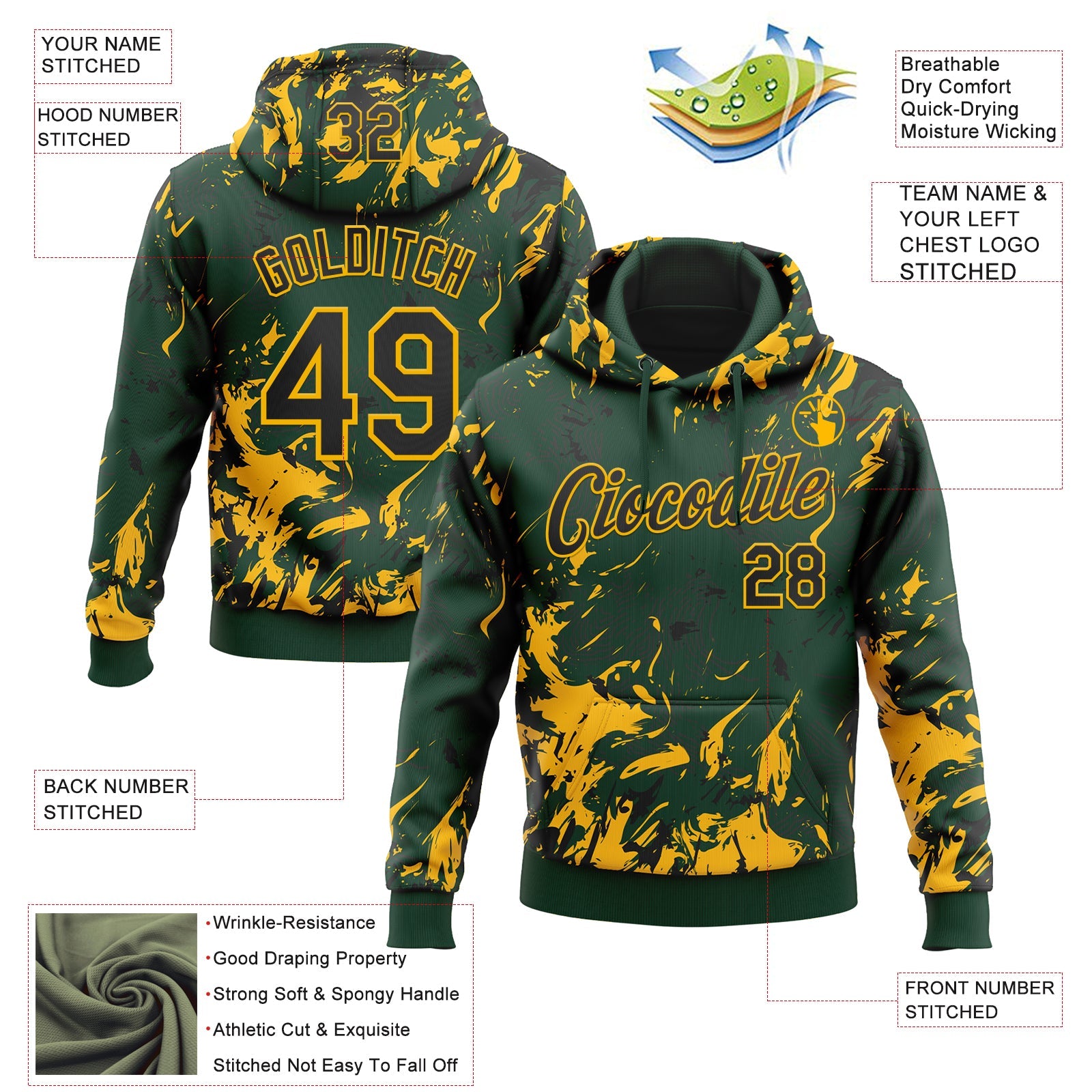 Custom Stitched Green Black-Gold 3D Pattern Design Splash Sports Pullover Sweatshirt Hoodie