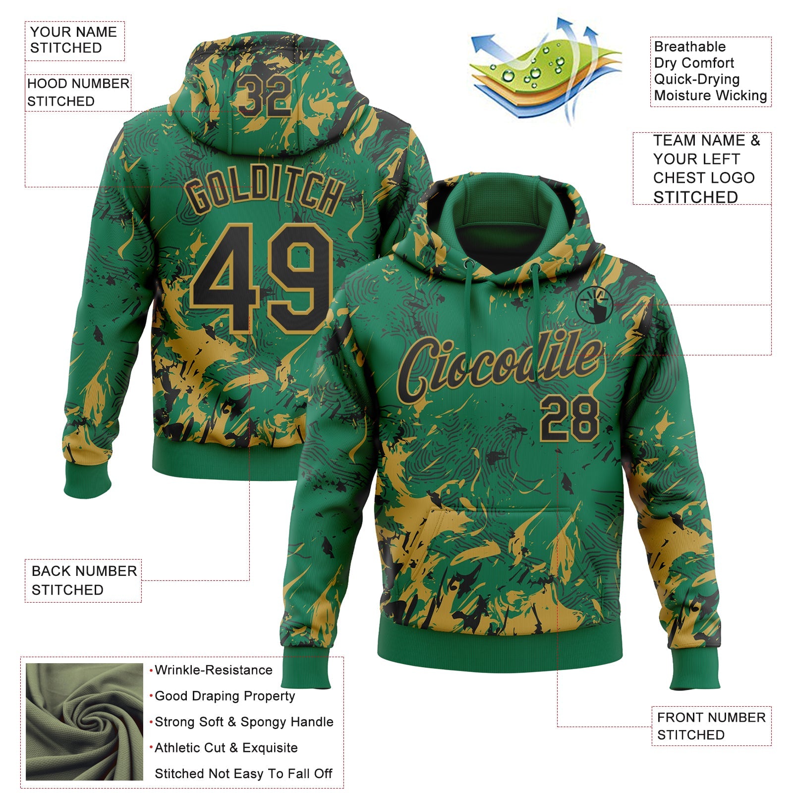Custom Stitched Kelly Green Black-Old Gold 3D Pattern Design Splash Sports Pullover Sweatshirt Hoodie