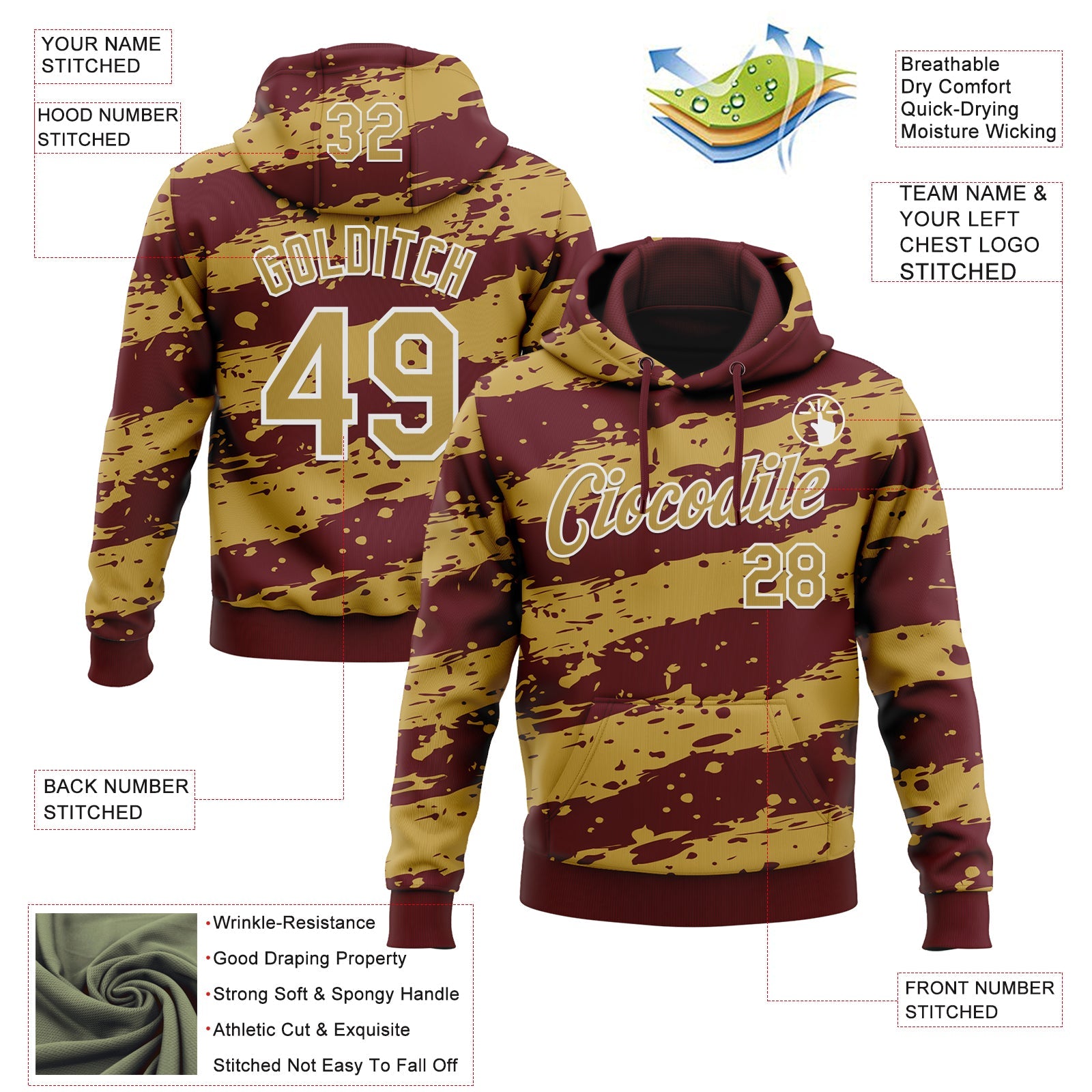 Custom Stitched Burgundy Old Gold-White 3D Pattern Design Splash Torn Paper Style Sports Pullover Sweatshirt Hoodie