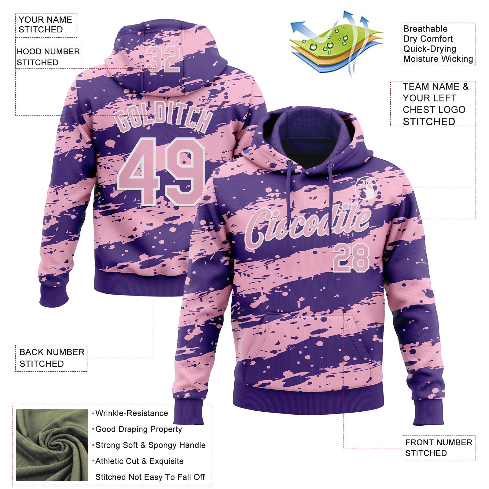 Custom Stitched Purple Light Pink-White 3D Pattern Design Splash Torn Paper Style Sports Pullover Sweatshirt Hoodie