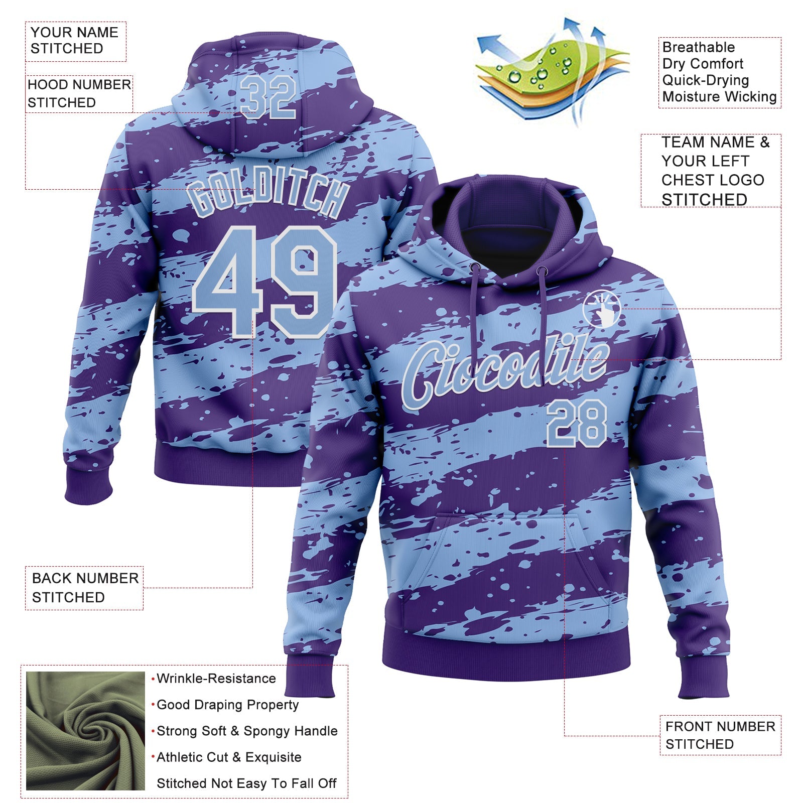 Custom Stitched Purple Light Blue-White 3D Pattern Design Splash Torn Paper Style Sports Pullover Sweatshirt Hoodie