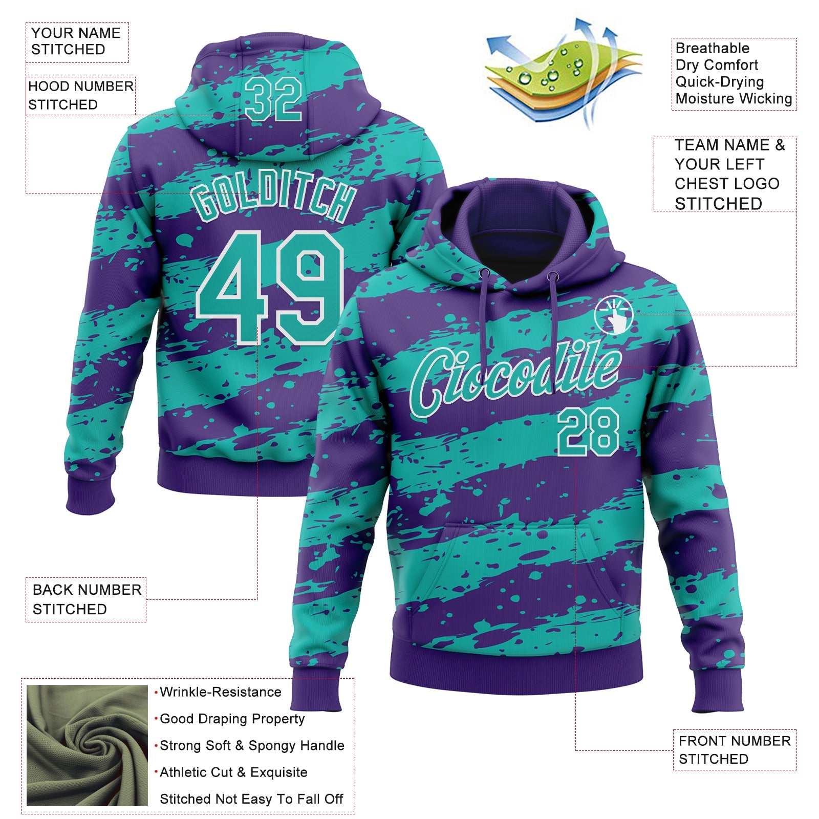 Custom Stitched Purple Aqua-White 3D Pattern Design Splash Torn Paper Style Sports Pullover Sweatshirt Hoodie