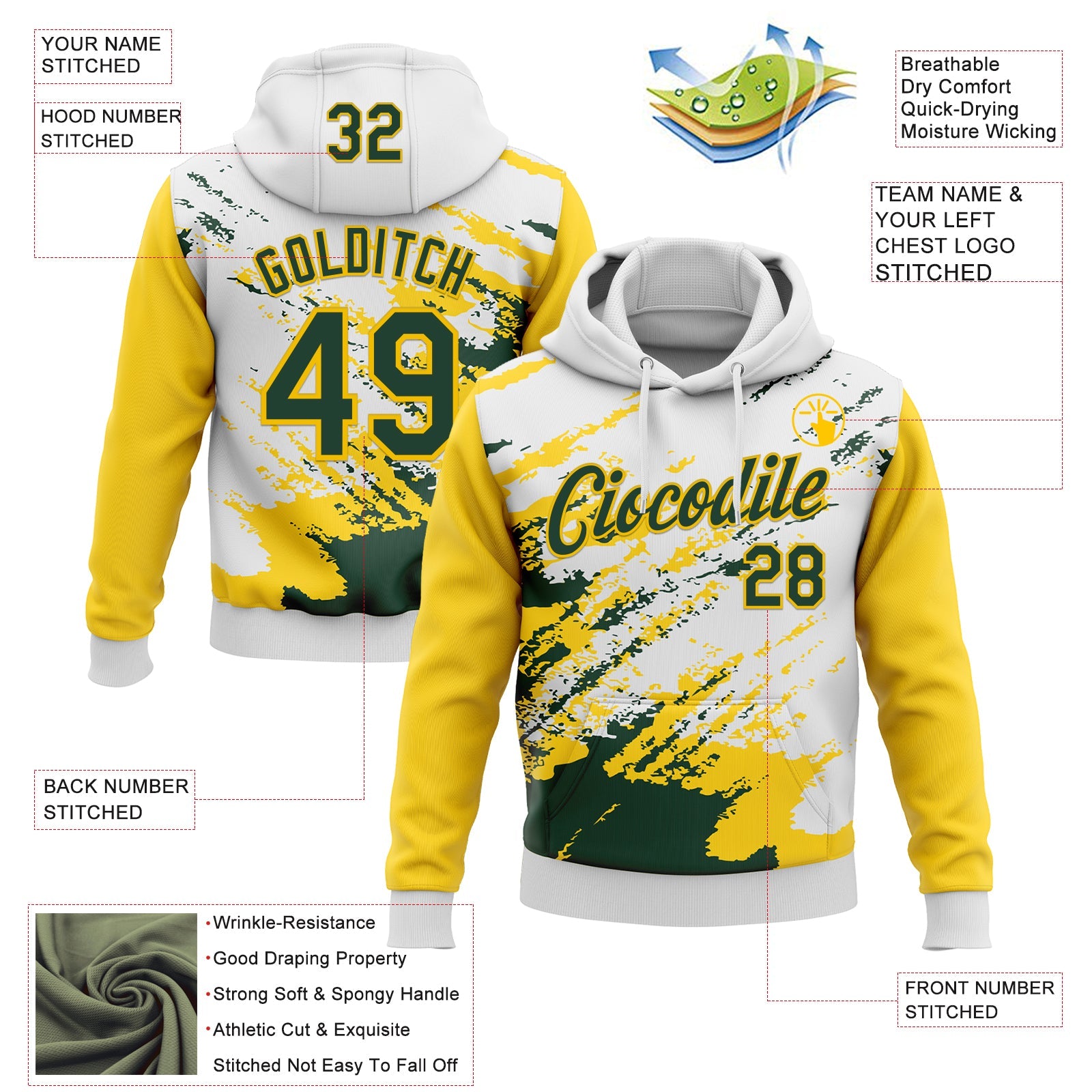 Custom Stitched White Green-Yellow 3D Pattern Design Abstract Fragment Art Splash Sports Pullover Sweatshirt Hoodie