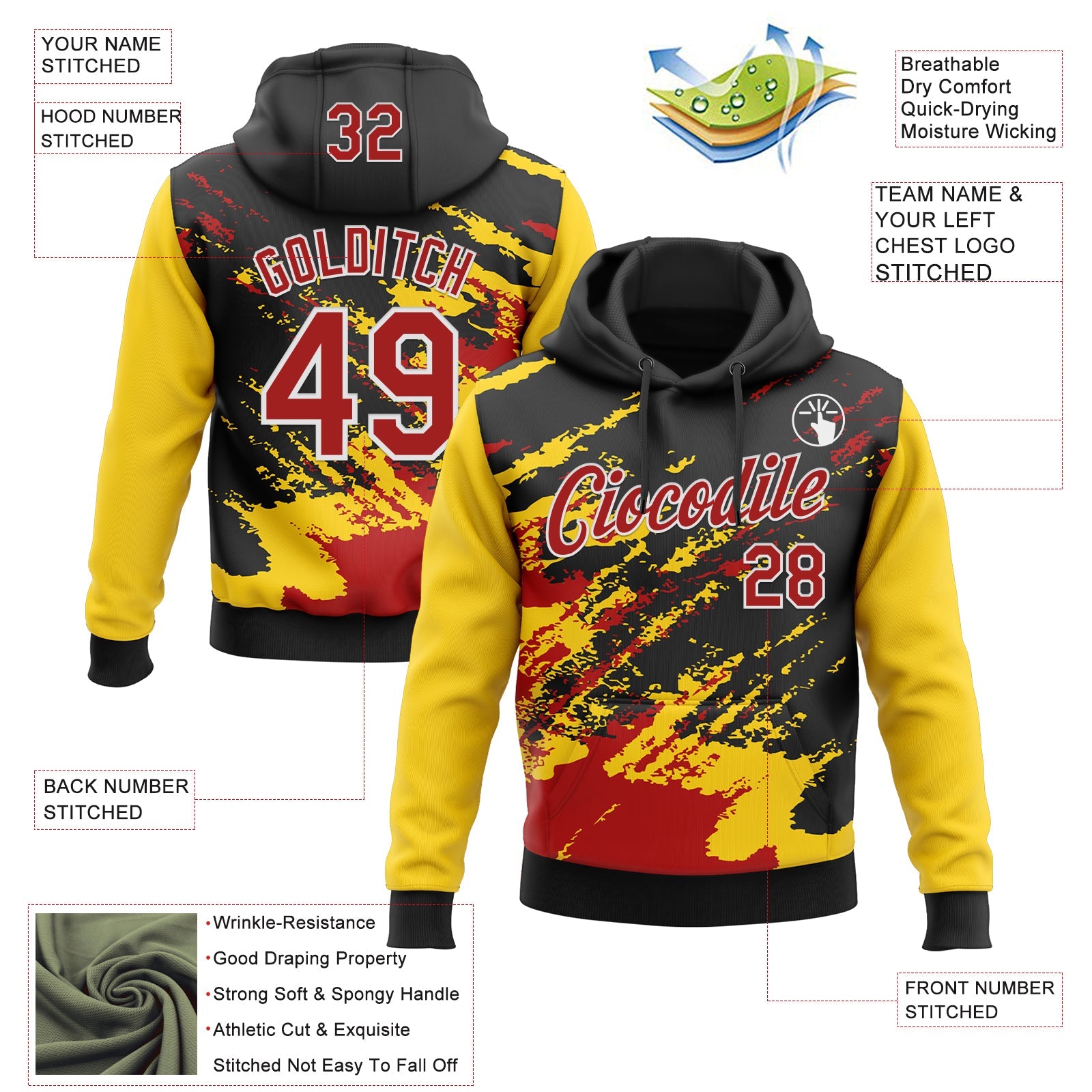 Custom Stitched Black Red Yellow-White 3D Pattern Design Abstract Fragment Art Splash Sports Pullover Sweatshirt Hoodie