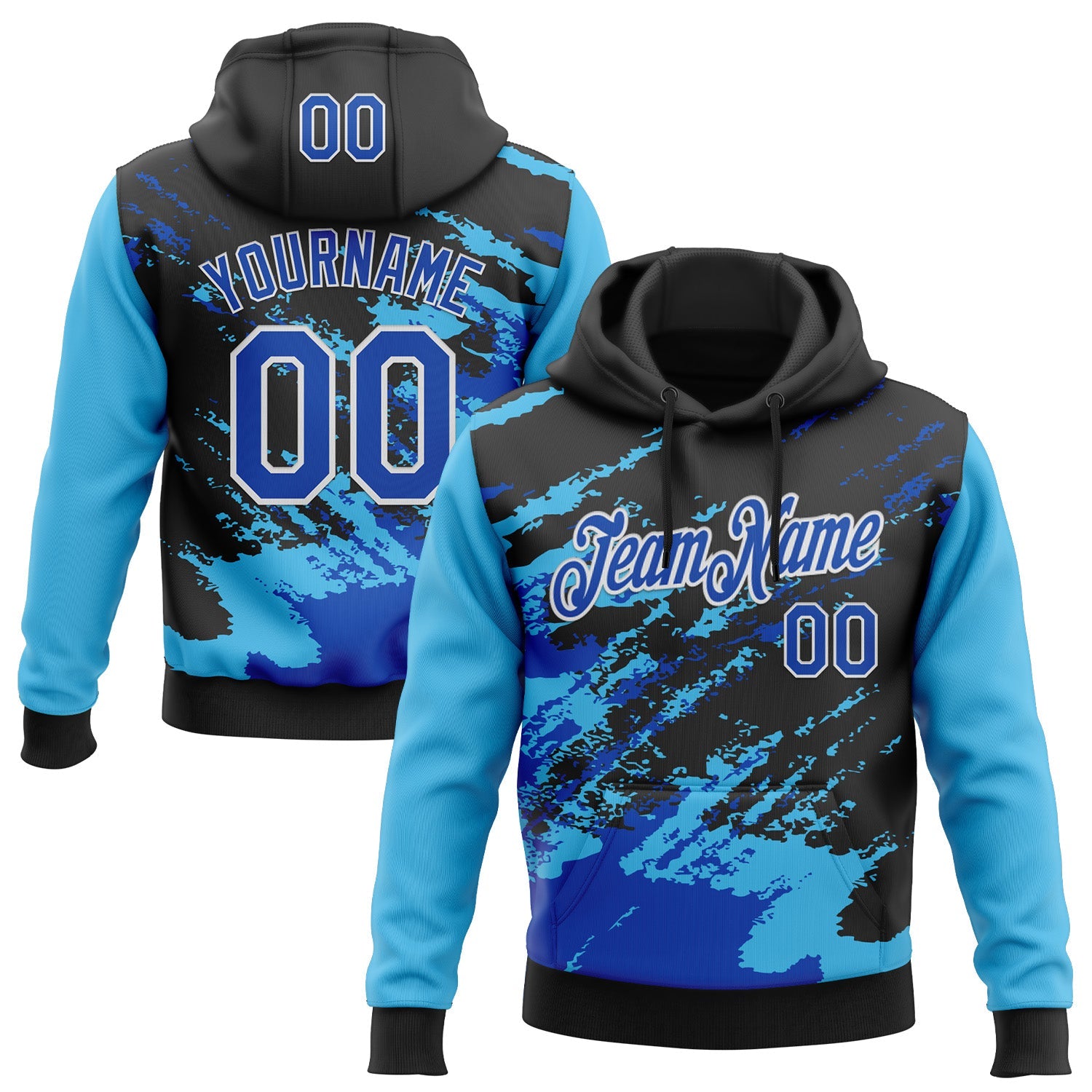 Custom Stitched Black Thunder Blue Sky Blue-White 3D Pattern Design Abstract Fragment Art Splash Sports Pullover Sweatshirt Hoodie
