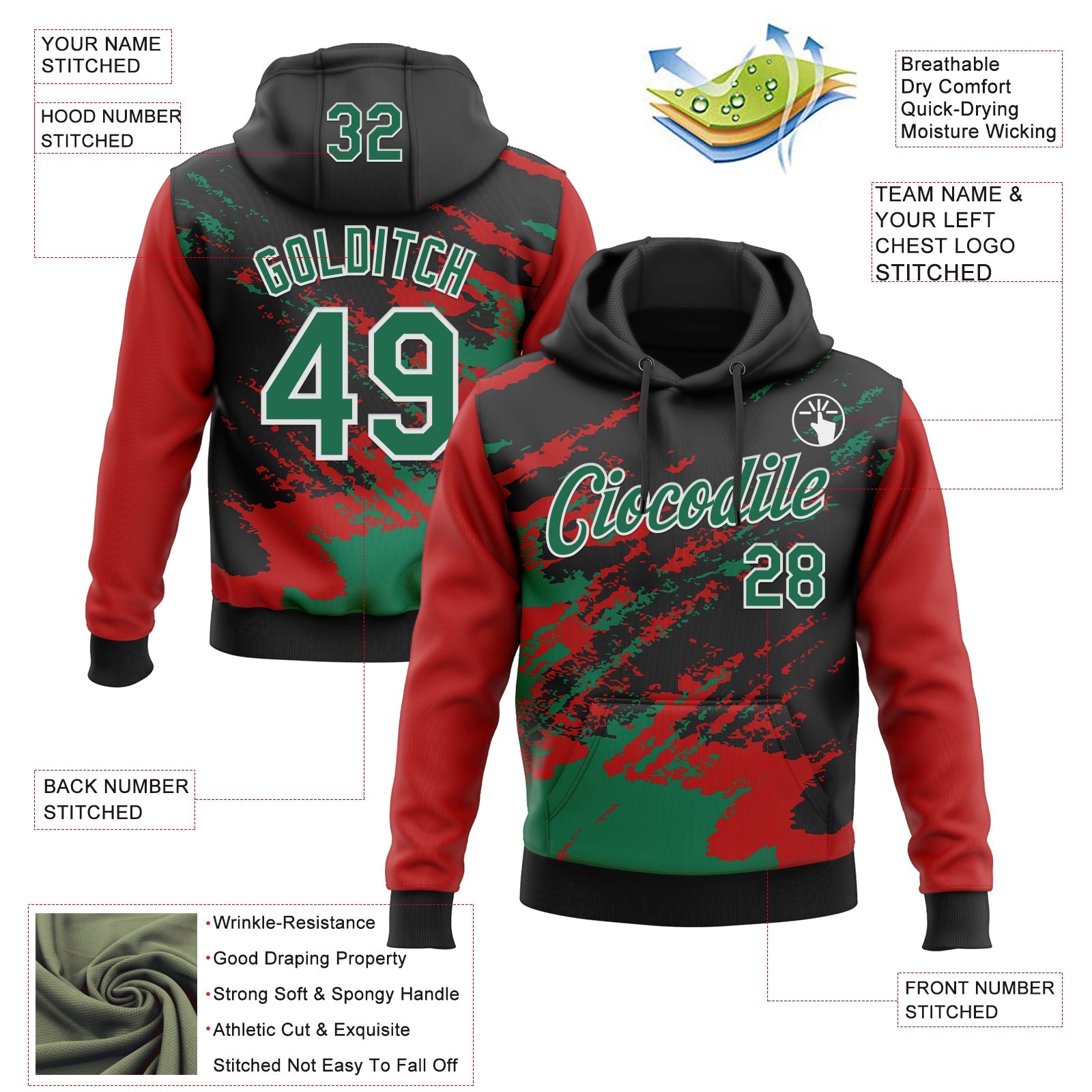 Custom Stitched Black Kelly Green Red-White 3D Pattern Design Abstract Fragment Art Splash Sports Pullover Sweatshirt Hoodie