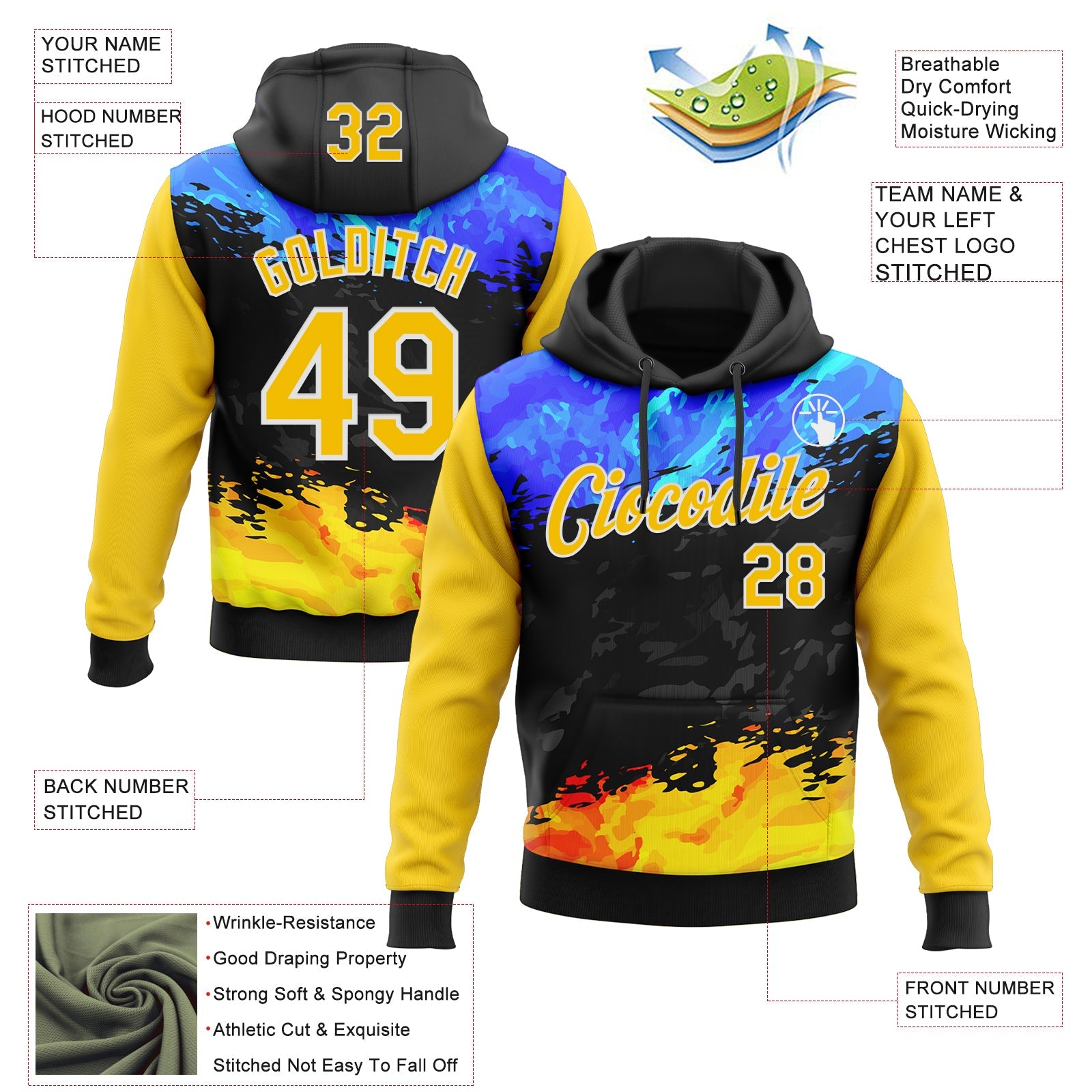 Custom Stitched Black Yellow Blue-White 3D Pattern Design Splash Sports Pullover Sweatshirt Hoodie