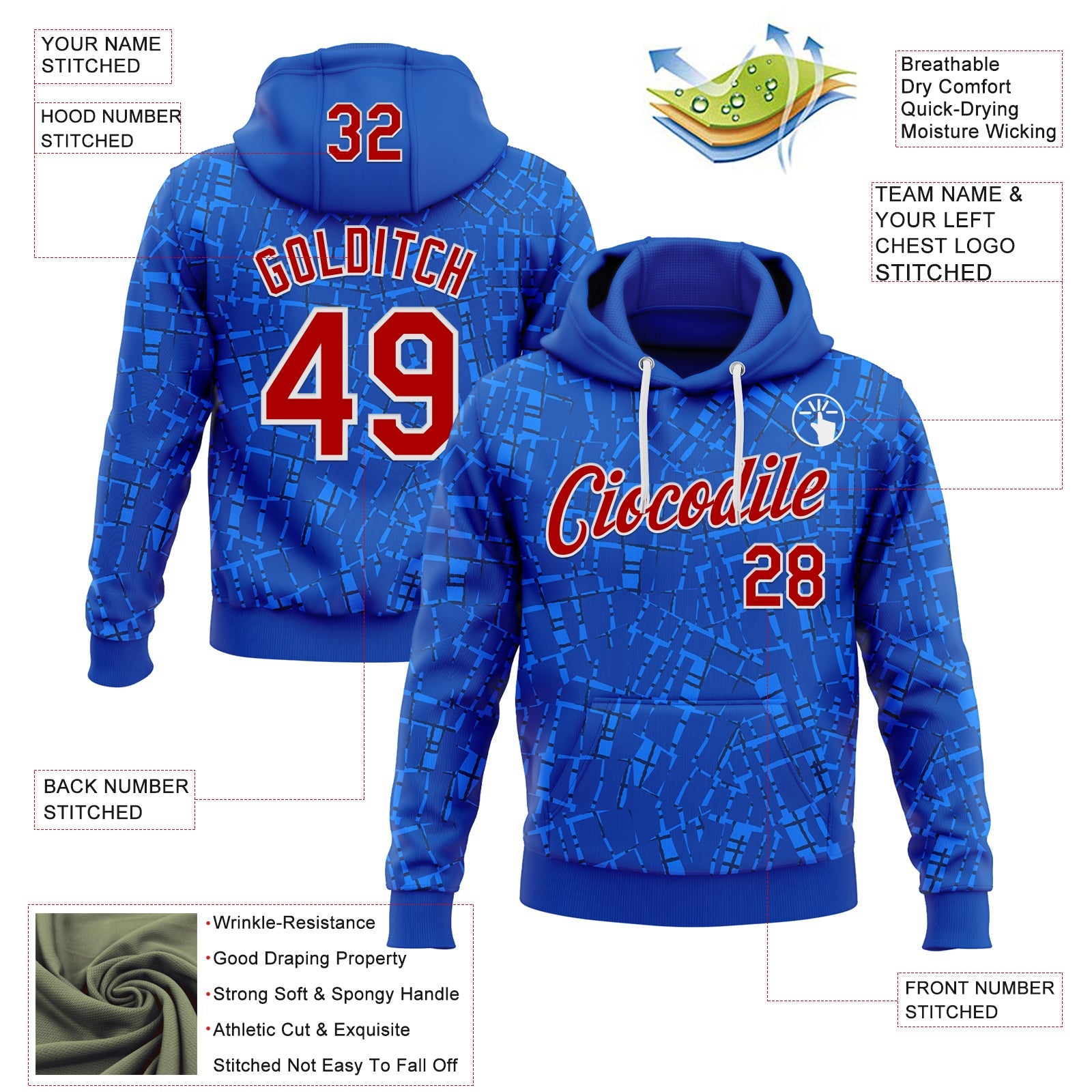 Custom Stitched Royal Red-White 3D Pattern Design Line Sports Pullover Sweatshirt Hoodie