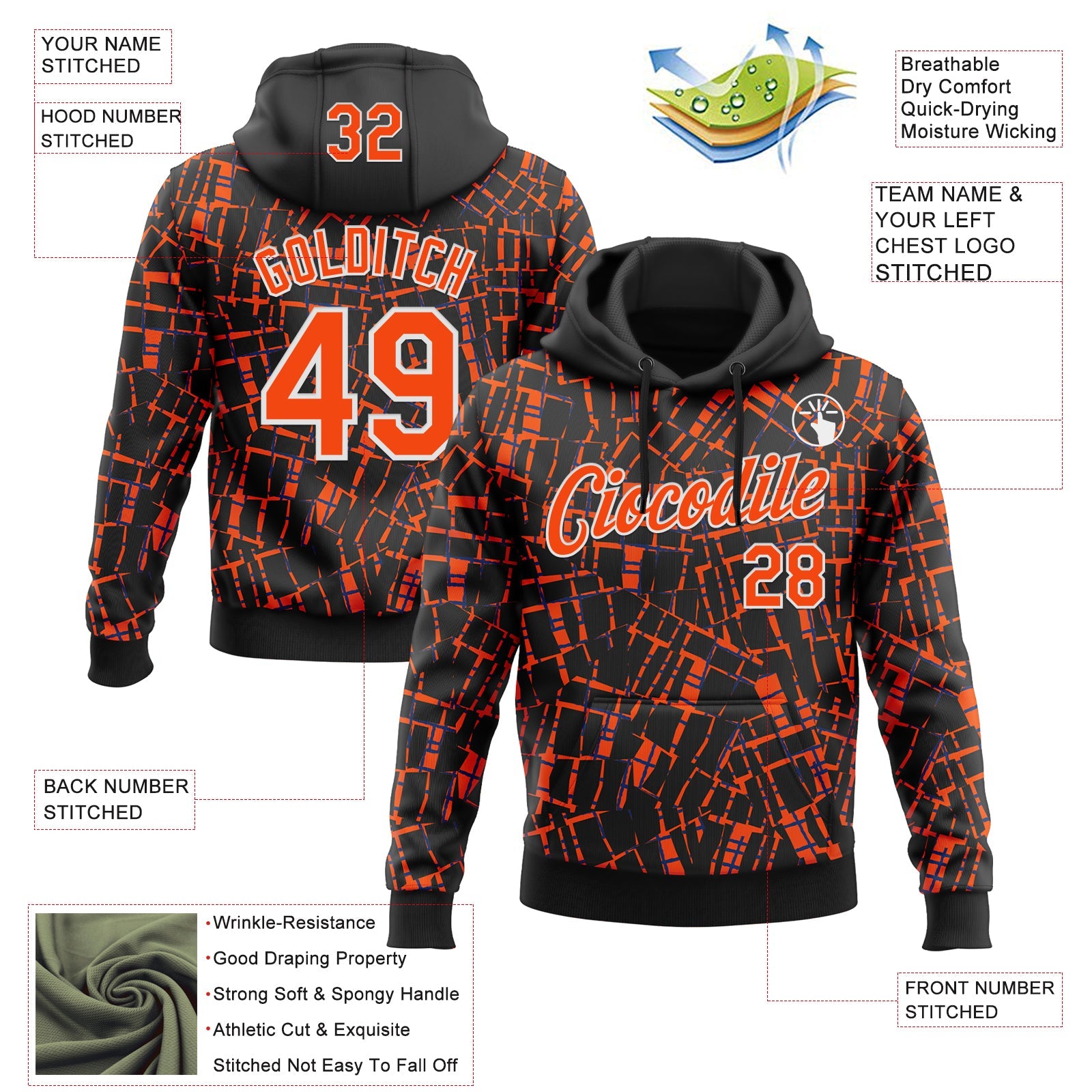 Custom Stitched Black Orange-White 3D Pattern Design Line Sports Pullover Sweatshirt Hoodie