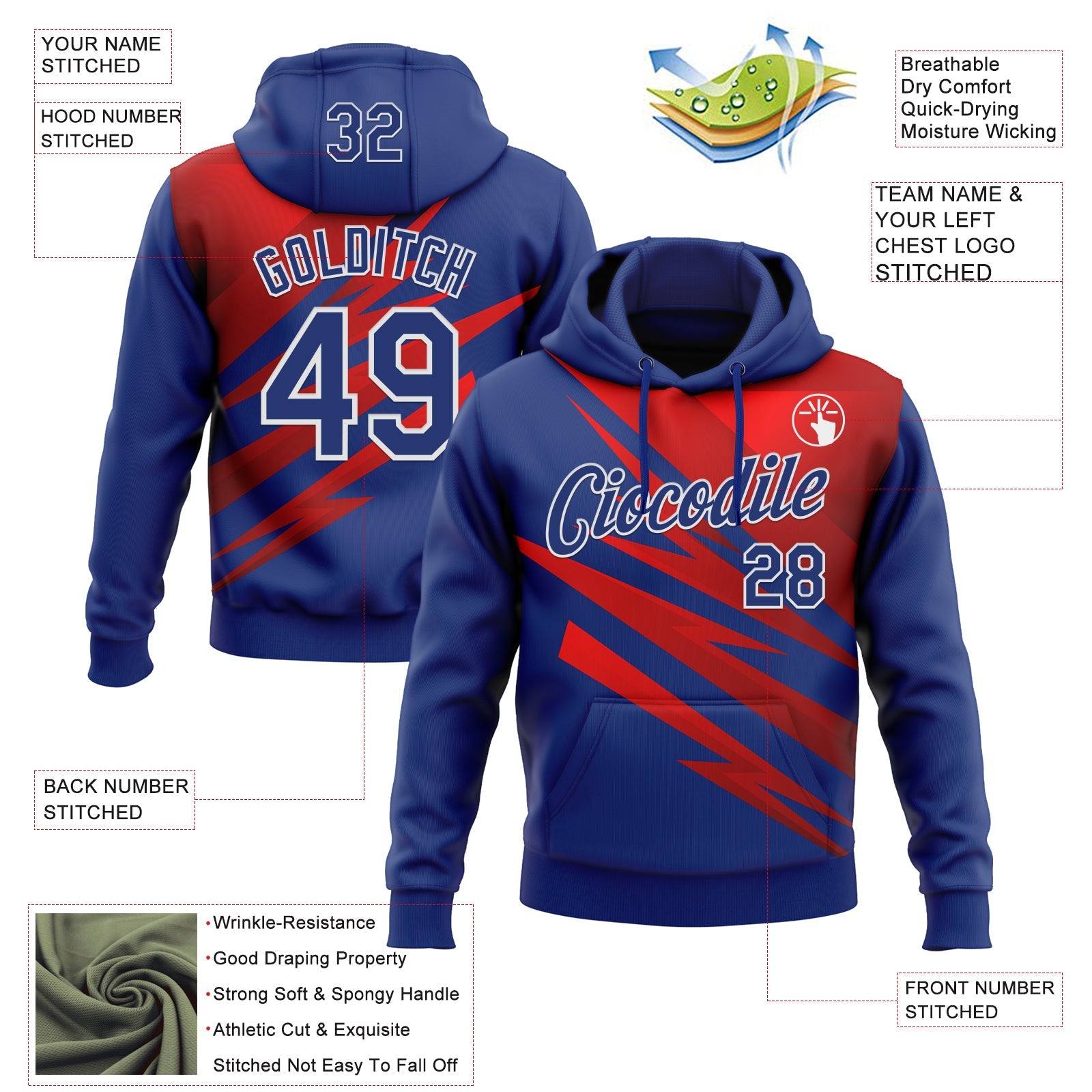 Custom Stitched Royal Red-White 3D Pattern Design Line Sports Pullover Sweatshirt Hoodie