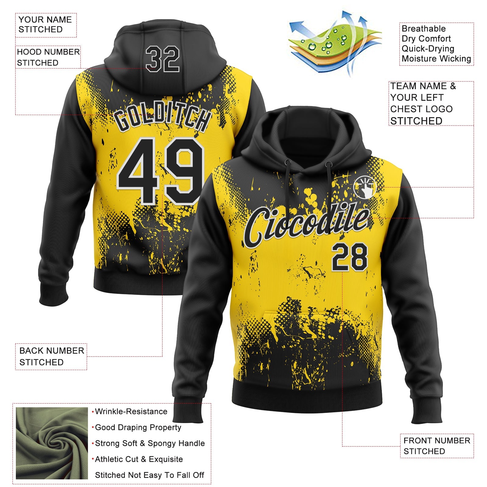 Custom Stitched Black Yellow-White 3D Pattern Design Abstract Splatter Grunge Art Sports Pullover Sweatshirt Hoodie