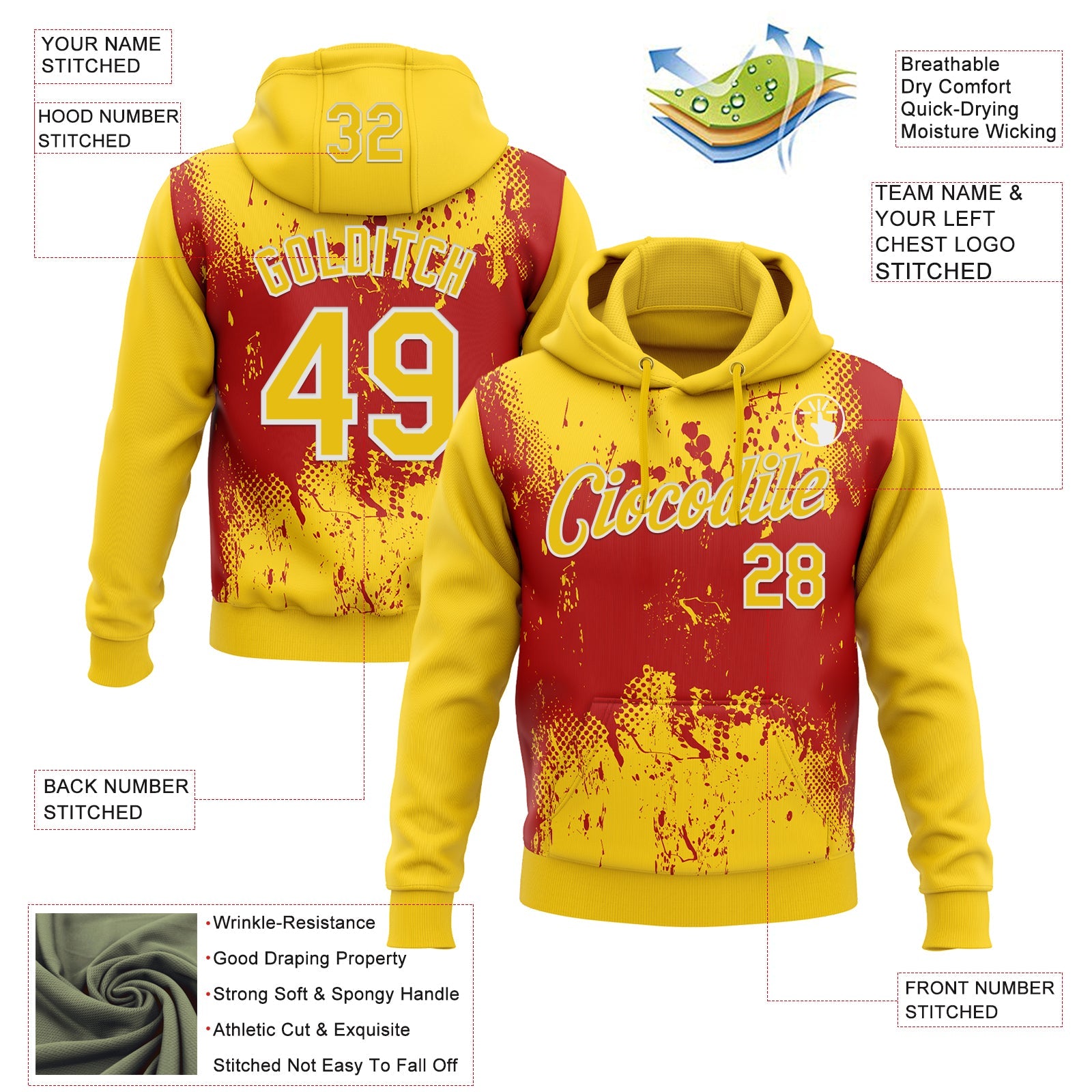 Custom Stitched Yellow Red-White 3D Pattern Design Abstract Splatter Grunge Art Sports Pullover Sweatshirt Hoodie
