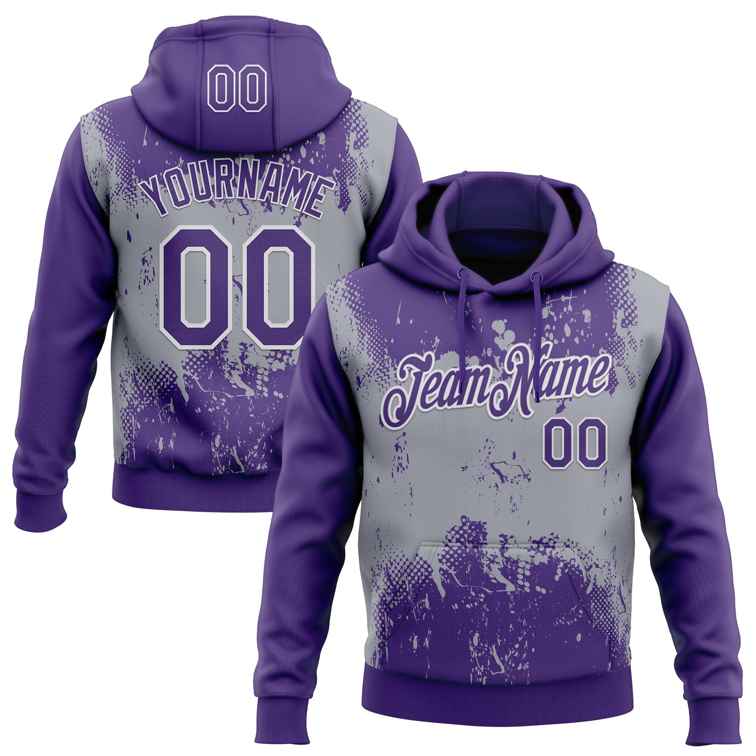 Custom Stitched Purple Gray-White 3D Pattern Design Abstract Splatter Grunge Art Sports Pullover Sweatshirt Hoodie