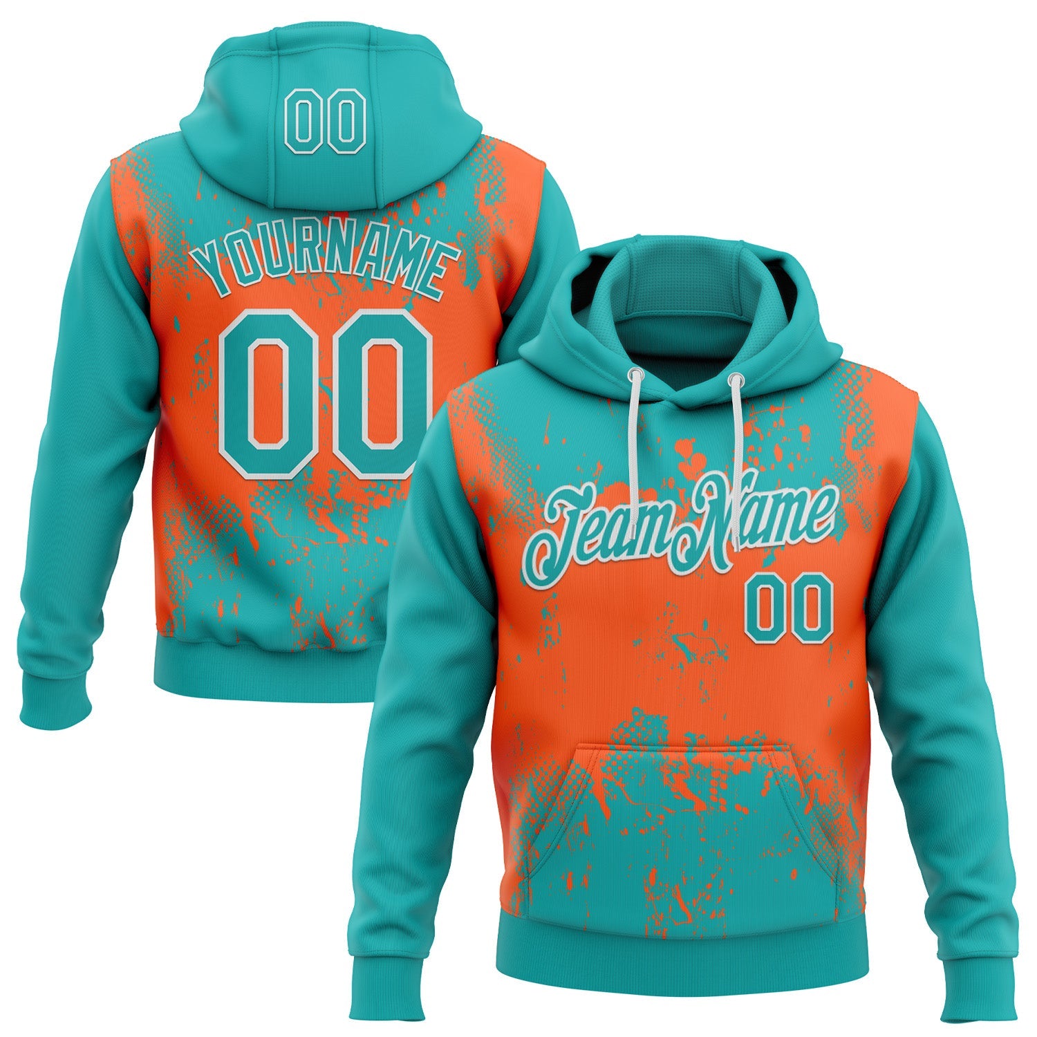 Custom Stitched Aqua Orange-White 3D Pattern Design Abstract Splatter Grunge Art Sports Pullover Sweatshirt Hoodie