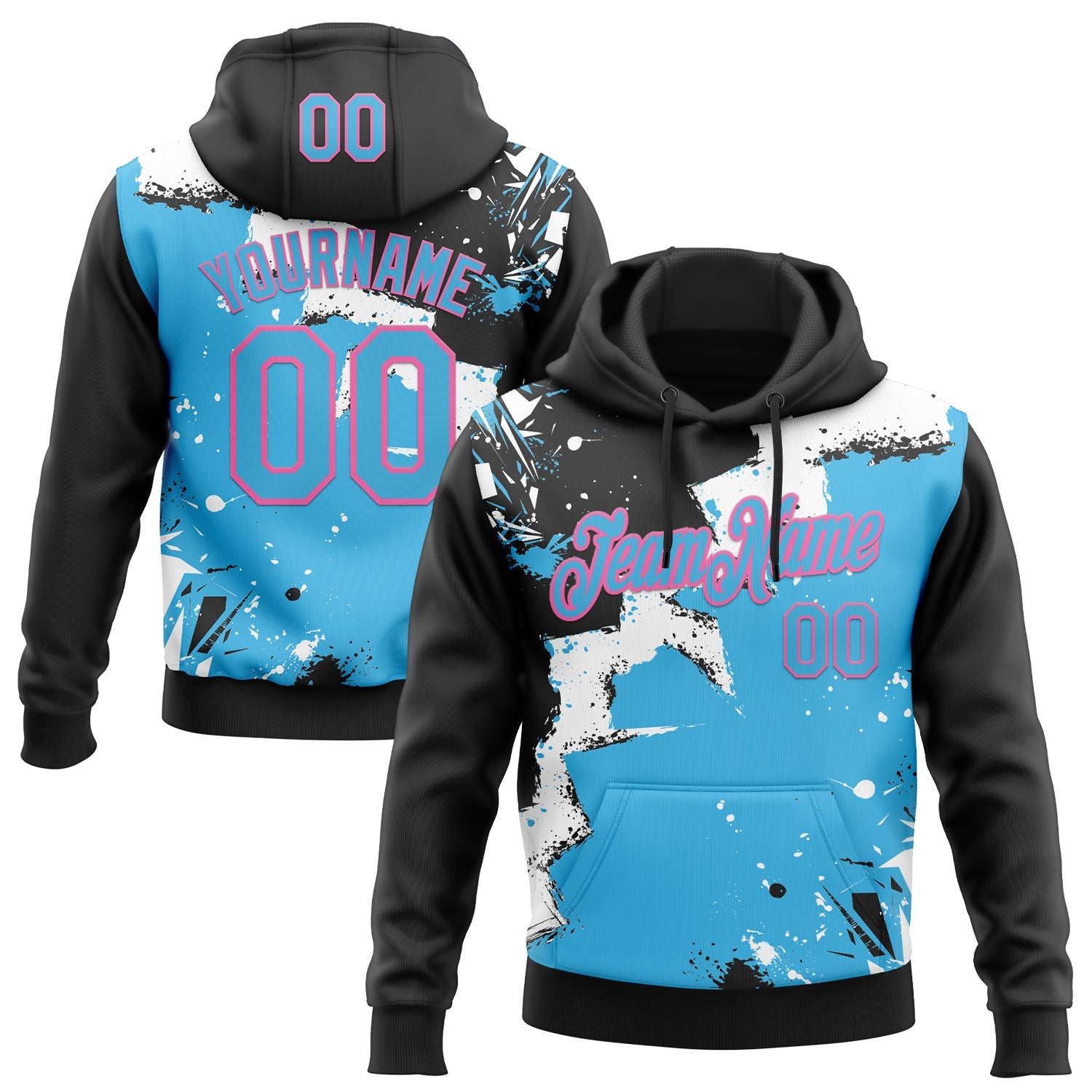 Custom Stitched Black Sky Blue Pink-White 3D Pattern Design Splash Torn Paper Style Sports Pullover Sweatshirt Hoodie