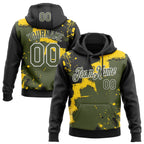 Custom Stitched Black Olive Yellow-White 3D Pattern Design Splash Torn Paper Style Sports Pullover Sweatshirt Hoodie