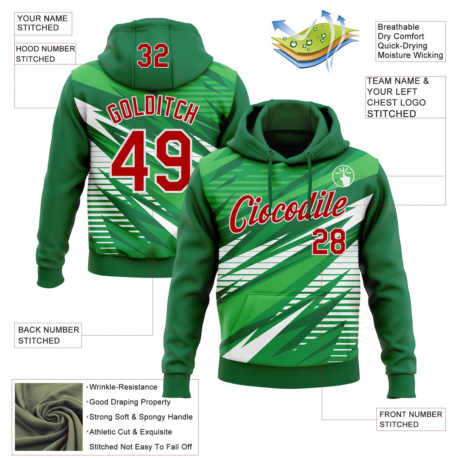 Custom Stitched Kelly Green Red-White 3D Pattern Design Line Sports Pullover Sweatshirt Hoodie