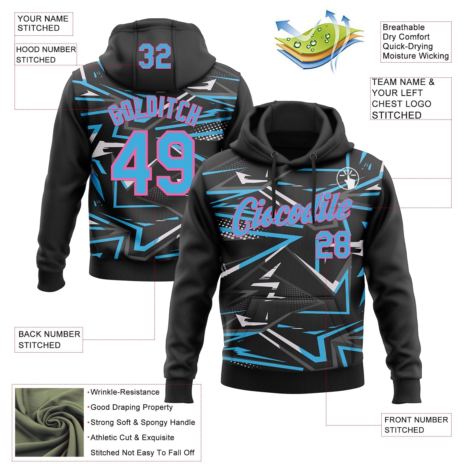 Custom Stitched Black Sky Blue Pink-White 3D Pattern Design Line Sports Pullover Sweatshirt Hoodie