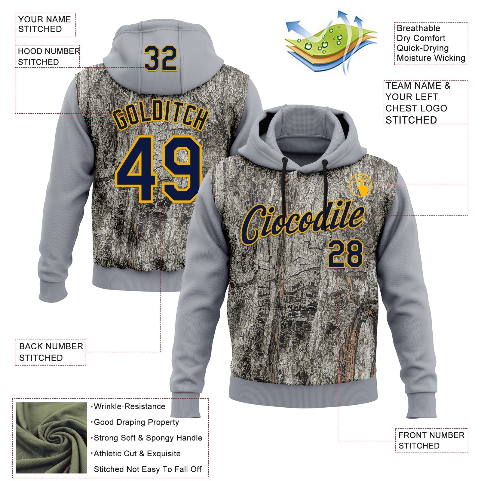 Custom Stitched Gray Navy-Gold 3D Pattern Design Tree Camo Hunting Sports Pullover Sweatshirt Hoodie