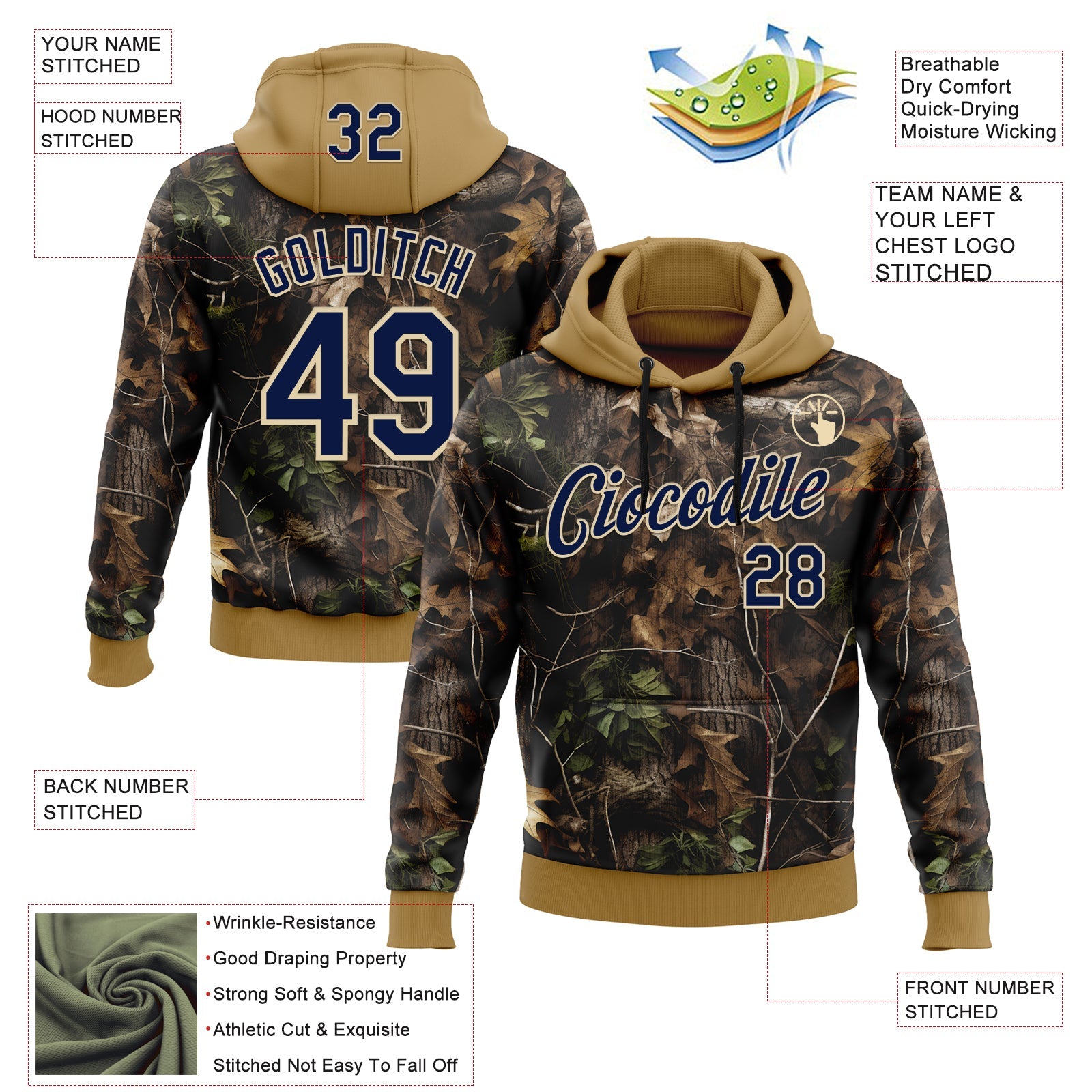 Custom Stitched Black Navy Old Gold-Cream 3D Pattern Design Tree Camo Hunting Sports Pullover Sweatshirt Hoodie