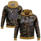 Custom Stitched Black Navy Old Gold-Cream 3D Pattern Design Tree Camo Hunting Sports Pullover Sweatshirt Hoodie